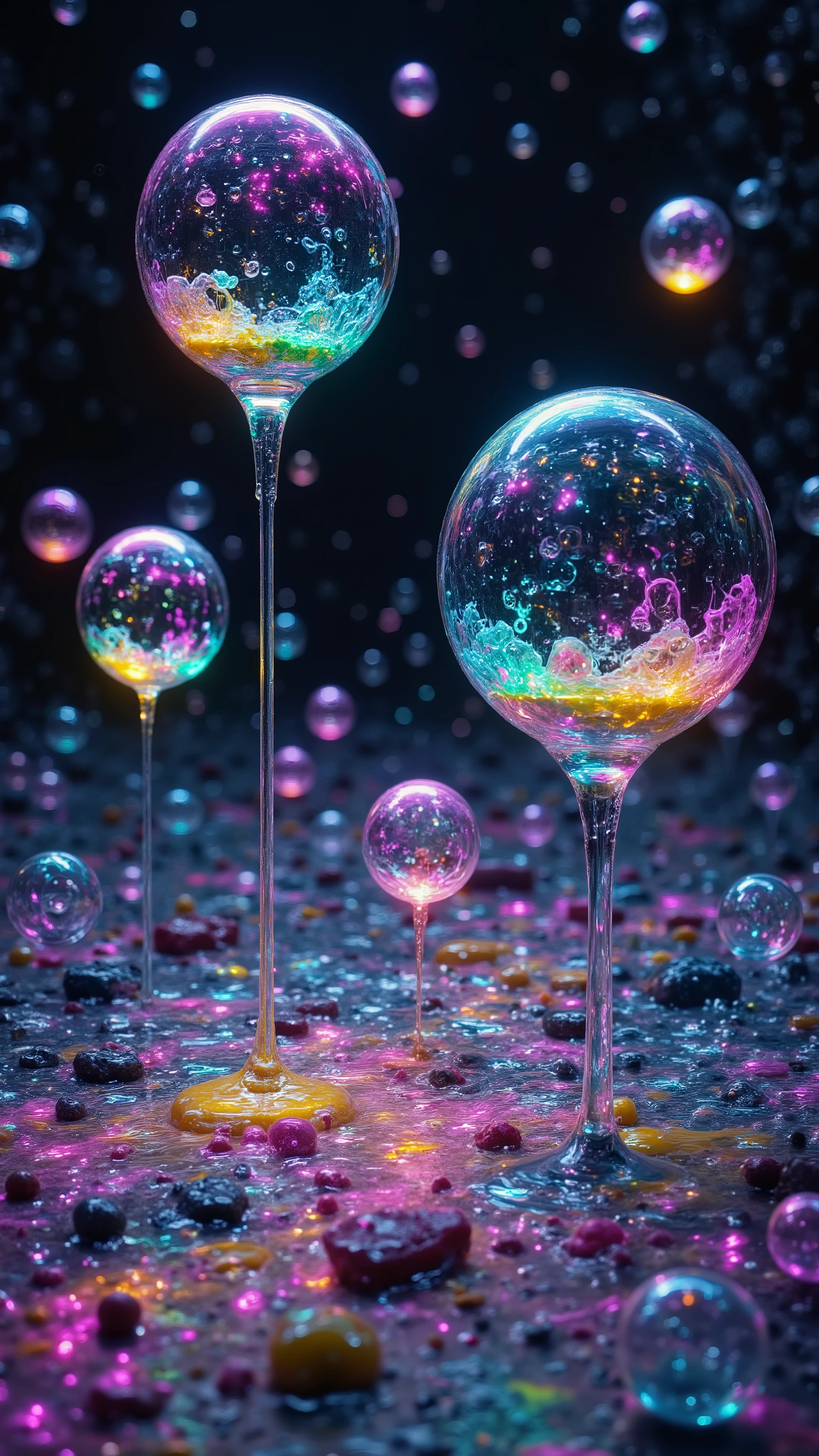 3d glass-like environment,shimmering glass bubbles morphing out of swirling colors, neon green and neon yellow colors twisted through glass orbs and melting into glass spheres, colored liquid fizzing to the ground, where it turns red and bright orange, the glow of light and reflecting colrs and complex patterns interweaving. 4d mandelbulb psychedelic landscape, depth of field,award winning masterpiece. portrait,photography,photorealistic,hyperdetailed, glassmorphism,sparkle,God rays,optical illusion,rotational symmetry,reflective light,overexposure,backlighting, perfect symmetrical reflective bubbles and spheres,extremely detailed bubbles and spheres,swirling spirals and vortex,bright vibrant colors popping out from 3d glass spheres,psychedelic underwater brightness,glowing colors twist creating holograms. Within a black abyss, intense bright, colorful, perfectly symmetrical glass globes criss crossed back and forth with different colors of laser lights contrasting the glowing light of fizzy liquid within the glass. Stark contrast between bright light colors and dark. photorealistic, cinematic photography, cinematic lighting, UHDR, full focus, highest quality, hyperrealistic,3D Rendering, 8K Octane, Cinematic, Cinematography, Digital Art, Photorealistic, Pixel Art, Pixel Assets, Depth Of Field, Best Quality, Award Winning, MasterpieceWithin a black abyss Intense bright, colorful, perfectly symmetrical glass globes criss crossed back and forth with different colors of laser lights covering the circumstances of the globes and contrasting the glowing light of acidzlime within the glass. Smaller spheres of glass in luminescent neon yellow and neon green liquid fizzing and overflowing with acidic bubbles and emptying out into reflective glass orbs that melt and drip vibrant colorful symetrical patterns that cover the ground and merge together in a quilt of intricate and complex designs. High fantasy, magical effects, hypperrealistic, hyper detailed, very aesthetic.