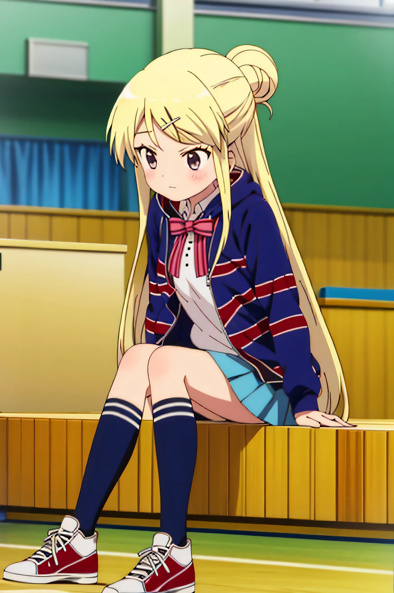 1gril solo KUJO KAREN UNION JACK JACKET sitting on the floor of the school gymnasium and watching the class due to poor health, STRIPED BOW, WHITE SHIRT, LONG SLEEVES, PLEATED SKIRT, BLUE SKIRT, KNEEHIGHS, SNEAKERS