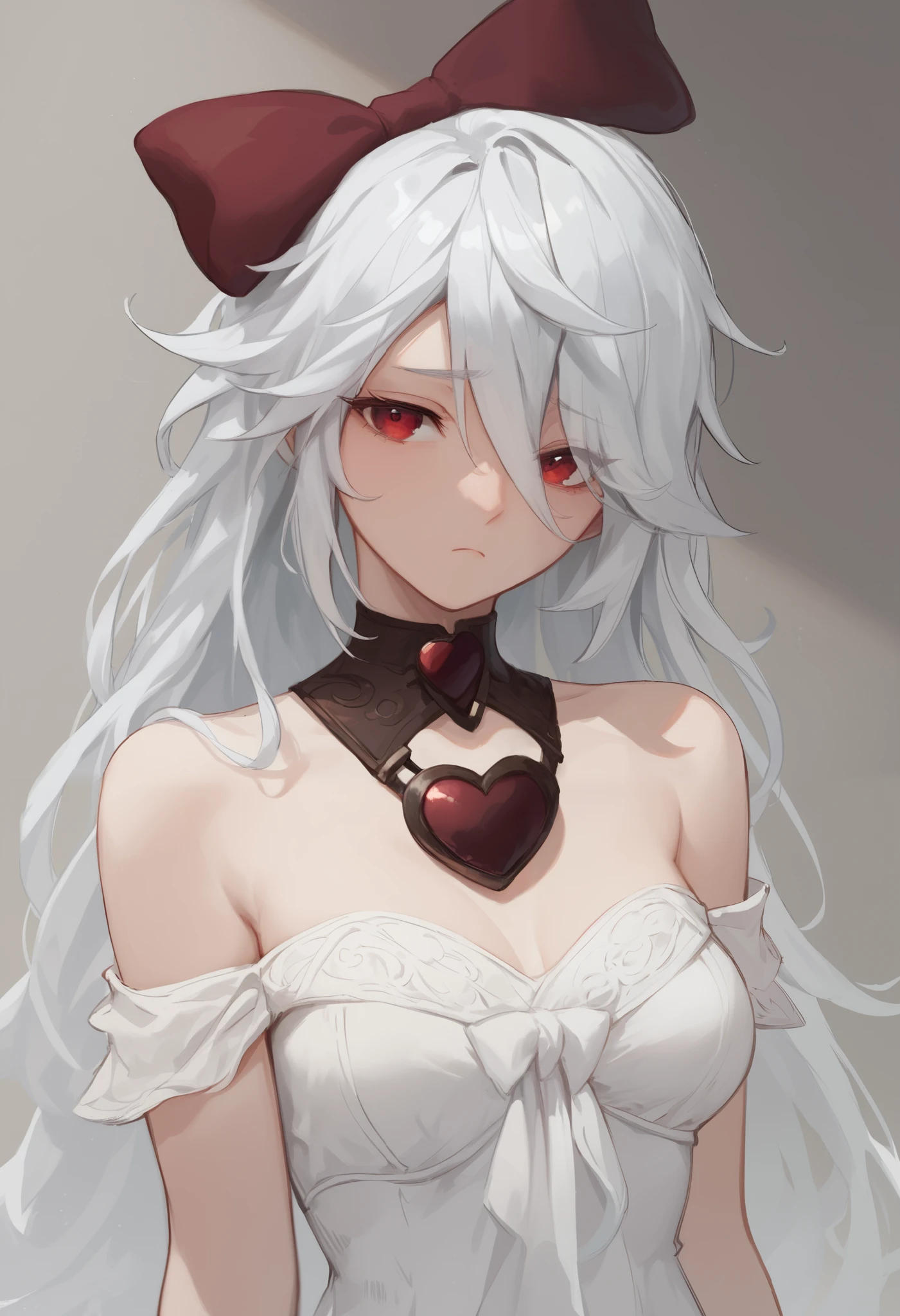 score_9, score_8_up, score_7_up, sinestrea, 1girl, white hair, bare shoulders, white dress, frown hair bow, long hair, heart brooch, medium breasts, hair bow, ribbon, red eyes,Bedroom