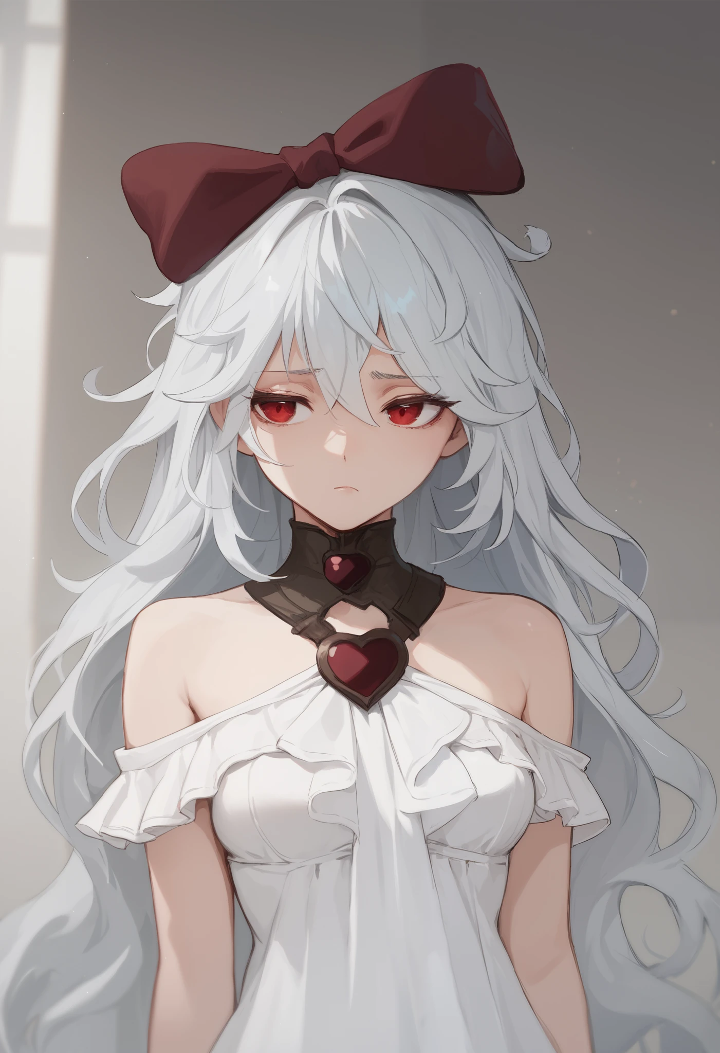 score_9, score_8_up, score_7_up, sinestrea, 1girl, white hair, bare shoulders, white dress, frown hair bow, long hair, heart brooch, medium breasts, hair bow, ribbon, red eyes,Bedroom