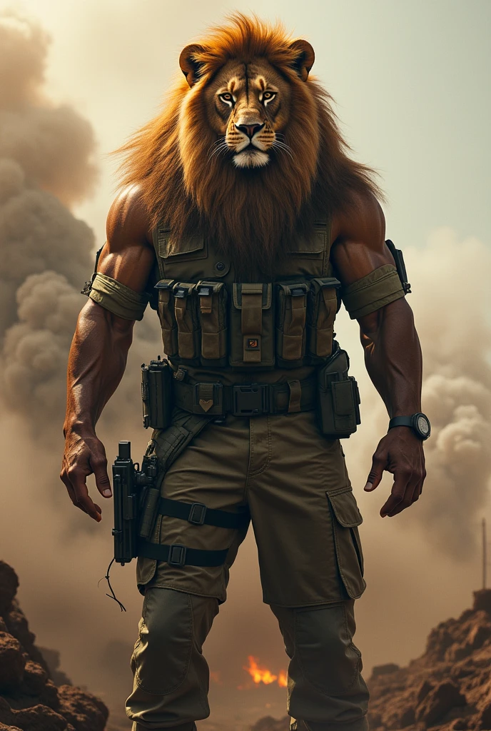 Lion head,Hairy，strong muscular man, street angry, backpack, epic realistic, photo, faded, complex stuff around, intricate background, soaking wet, neutral colors, ((((hdr)))), ((((muted colors)))), intricate scene, artstation, intricate details, vignette