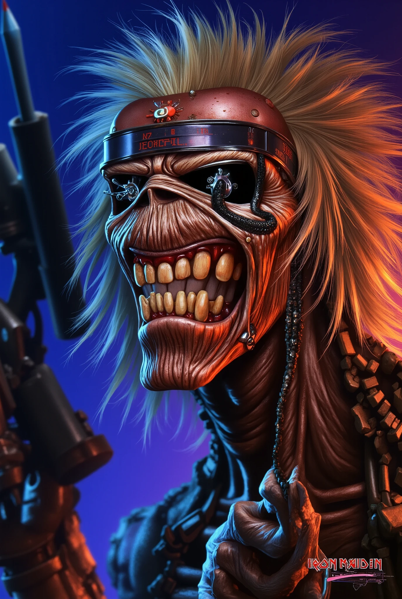 a close up of a person, ((a cyborg, technology, machine, muscular, terminator)) , 1 9 8 0's heavy metal album art, iron maiden, Eddie , iron maiden album cover, cheesy iron maiden motifs, metal album cover art, thrash metal, heavy metal artwork, maiden, heavy metal art style, hd wallpaper, angry rotting zombie, by Ignacio Zuloaga. ((cyberpunk background, cinematic neon lighting)).