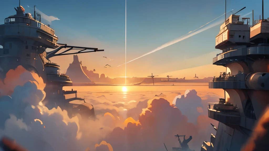 (( Soratrobo's Worldview )),(Sky Island),sea of clouds, Graveyard of Air Battleships ,sunset, Iron Rust Is Decaying,(Floating in the air),wreckage,Slam Style ,
