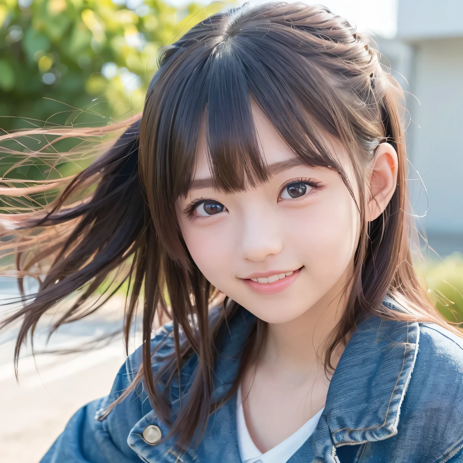 ((Live 2D)) Masterpiece, One Girl ,Young face 、navy blue denim jacket、 Japanese,(((Big Face))),(((10age))), full body ,((( big smile))),(((Kind Face)))、((( Happy Faces ))),((( big eyes))),((( long lashes))),(((Droopy eyes))) ,(((Round face))),((( round eyes ))),((( big eyes))), standing straight , , cute japanese high school uniform, viewers, detailed color , girl with green 、(((Straight hair down to the shoulders))), ((( I))), , Gradation Hair, multicolor hair , small smile , , Gradient Eyes , dark brown eyes , ( simple background, white background : 1.3)、((( upper body photo))),((( small smile )))、((( face swells))),(((Round face))),((( the wind is blowing ))),((( face close-up ))),((( no makeup)))