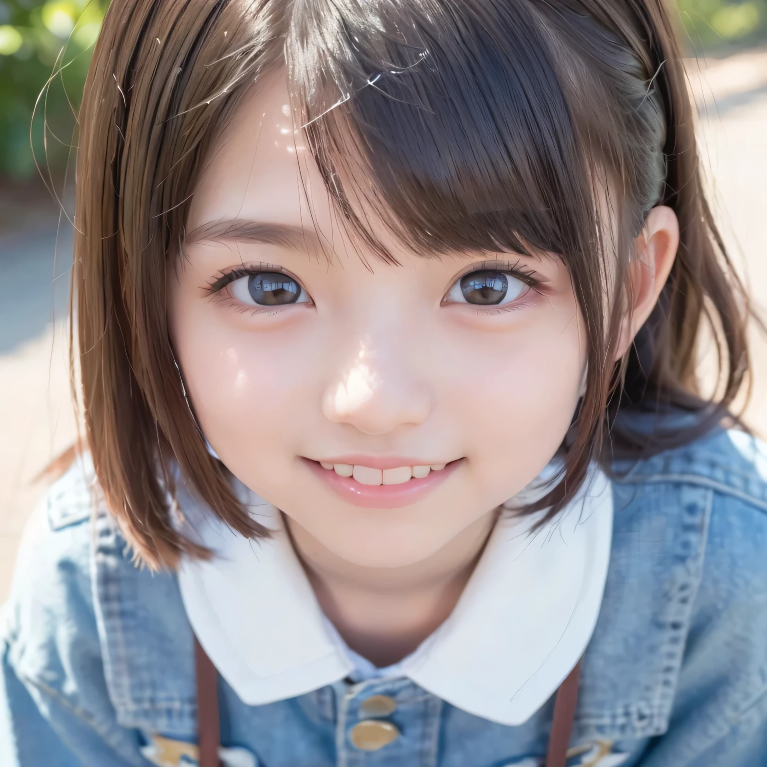 ((Live 2D)) Masterpiece,  One Girl ,Young face 、navy blue denim jacket、 Japanese,(((Big Face))),(((１０age))),  full body ,((( big smile))),(((Kind Face)))、((( Happy Faces ))),((( big eyes))),((( long lashes))),(((Droopy eyes))) ,(((Round face))),((( round eyes ))),((( big eyes))), standing straight  , , cute japanese high school uniform,  viewers,  detailed color , girl with green 、(((Straight hair down to the shoulders))), ((( I))), ,  Gradation Hair,  multicolor hair  ,  small smile , ,  Gradient Eyes  ,  dark brown eyes , (  simple background,  white background : 1.3)、(((  upper body photo))),(((  small smile  )))、((( face swells))),(((Round face))),((( the wind is blowing ))),((( face close-up ))),((( no makeup)))