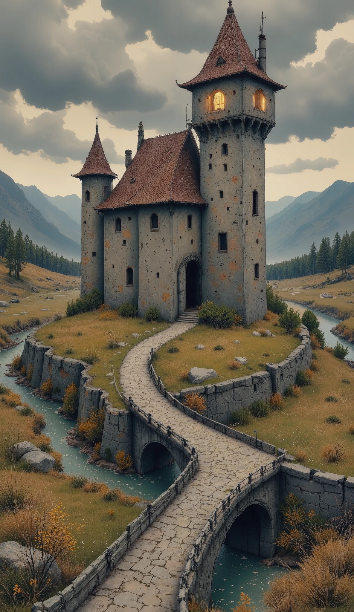 1 medieval fantasy scene ,  Detailed medieval castle , gothic architecture,  Dramatic lighting , gloomy atmosphere, overcast ,  Wavy hills ,  lush green meadows , stone bridges ,  cobbled streets ,  ornate iron gates ,  wooden watch towers, ( envelopes,4k,8K,highres, masterpiece:1.2), ultra detailed ,(realistic,photorealistic,photo-realistic:1.37), intricate textures , rich color palette,  dramatic chiaroscuro ,  film composition , grand scale , 15th century,  Historical precision 
