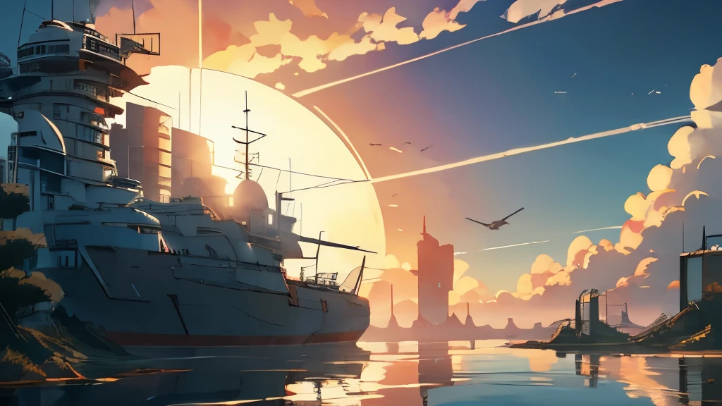 (( Soratrobo's Worldview )),(Sky Island),sea of clouds, Graveyard of Air Battleships ,sunset, Iron Rust Is Decaying,(Floating in the air),wreckage,Slam Style ,
