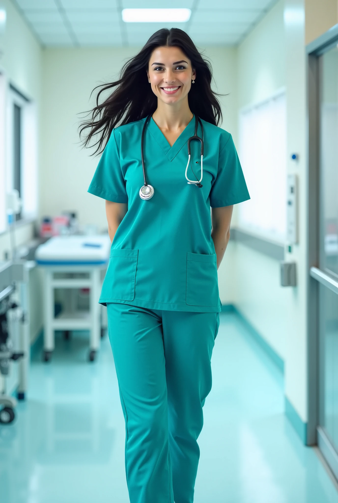 ((fashion photography)), perfect face, perfect eyes, (medium full shot) of (angelic nurse) young woman, spanish, dark brown eyes, tan skin, tan skin, blue eyes, slim, hazel hair, wearing Stylish scrub set with a tailored fit, slip-resistant shoes, surgical cap, 2020s, in Modern school infirmary on the ground floor, large windows overlooking the school grounds, ergonomic examination tables with adjustable heights, sleek medical equipment neatly organized on stainless steel carts, calming color scheme of blues and greens, potted plants , at night, laughing, arms crossed, masterpiece, best quality, photorealistic, very aesthetic