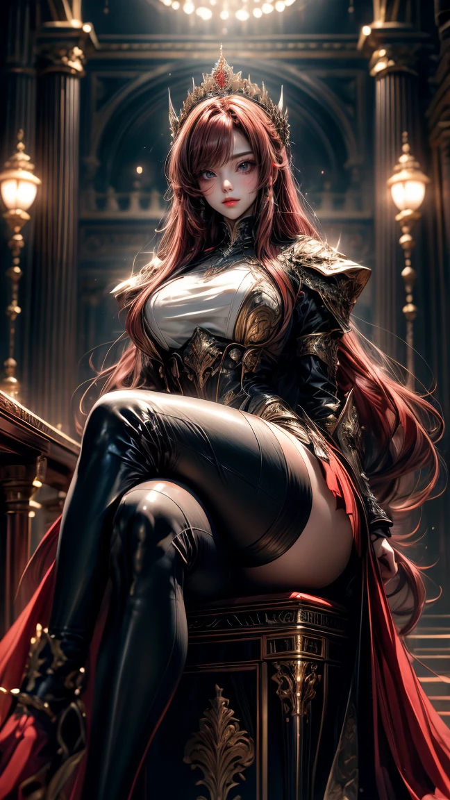 a woman with red lipstick has armor on and is holding a sword, kirijou mitsuru, 1girl, solo, hair over one eye, long hair, (((red hair))), weapon, (rapier), bodysuit, black bodysuit, grey bodysuit, hand on hip, (((large breasts))), (purple theme:1.2), ((indoors)) (In Baroque style hall:2), queen, ((majestic)), graceful, perfect face, beautiful face, perfect female body, mature female, (glowing red eyes:1.2), short ponytail, Queen's crown, darker violet gossamer veil, royal red cloak with jewels and fur, royal red shawl with jewels and fur, (earrings), (jewels, jewelry:1.2), head ornaments, (hands ornaments), legs ornaments, (high heels), Narrow waist, big ass, wet, wet body, sweating body, shiny skin, ((no close up)), (8k, RAW photos, highest quality, masterpiece: 1.7). (Realistic, Photorealistic: 1.9)
