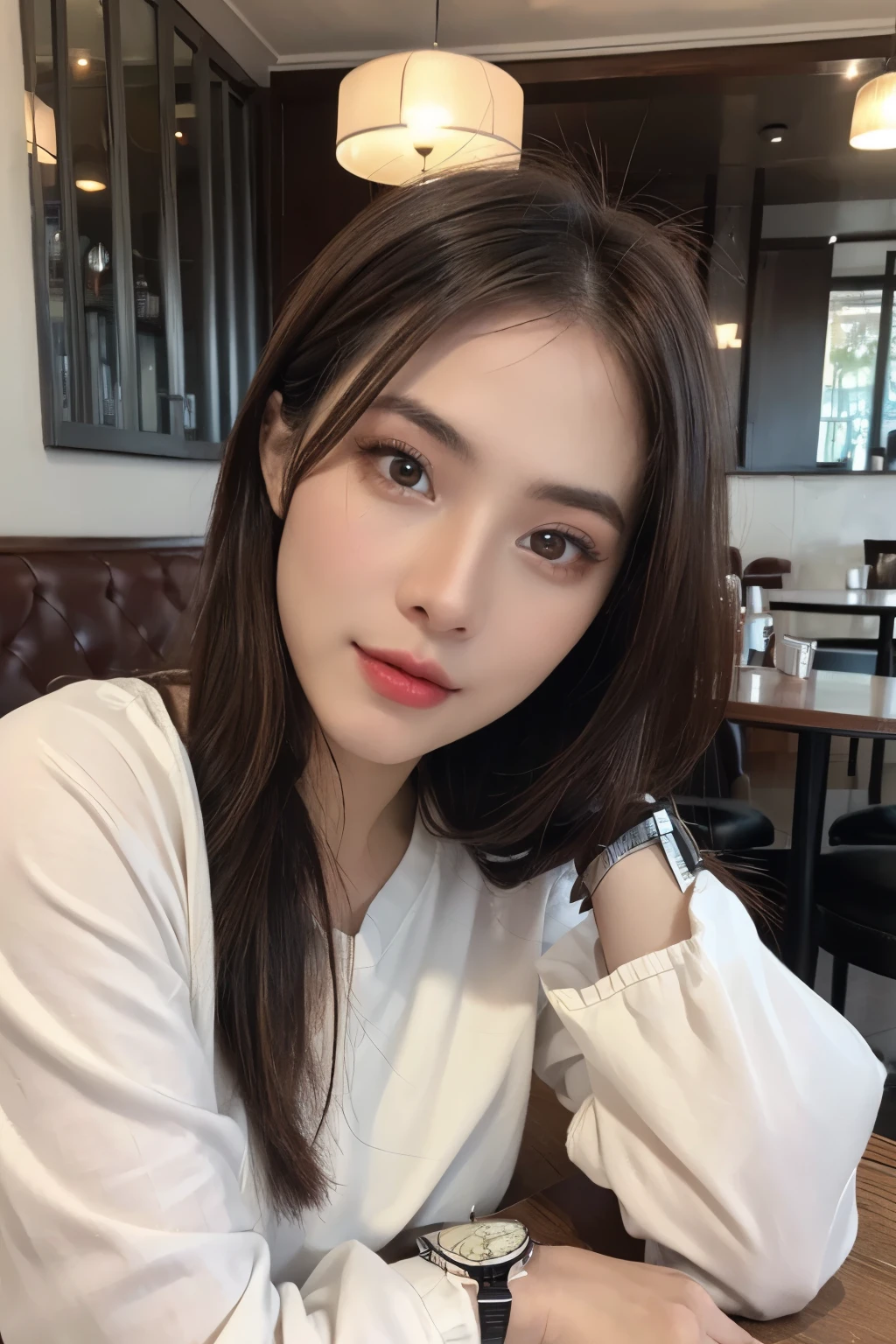 ((Masterpiece, high quality, super detailed)), 1 girl, brown hair, ombre hair, Perfect face, ((lying silkworm eyes)), shinny skin, (realistic, photo-realistic:1.3), long sleeve t-shirt, in modern cafe, look at the camera, wearing watches