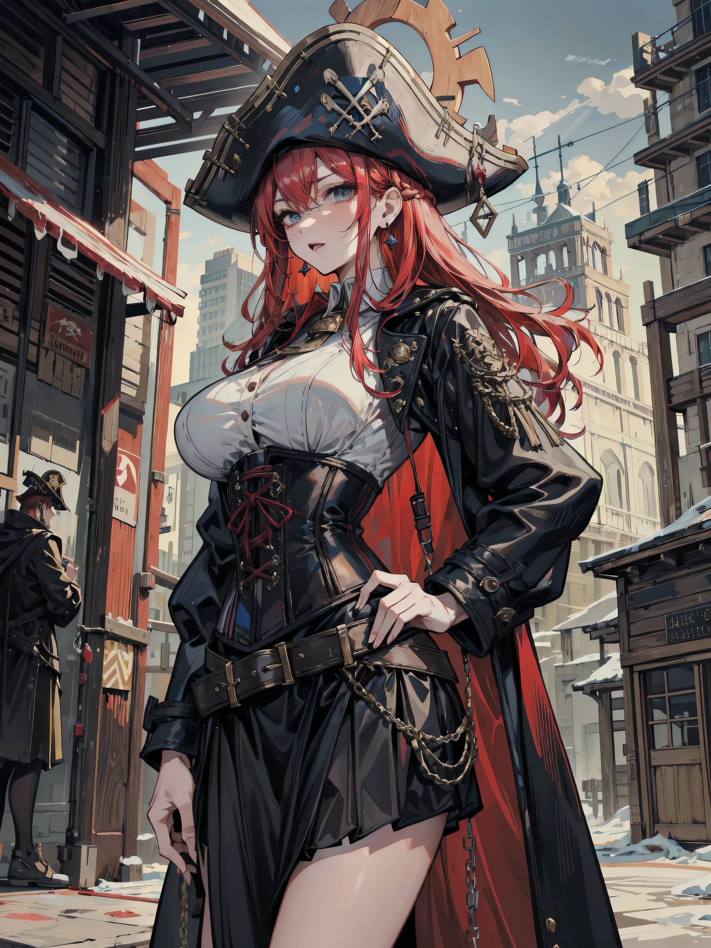 Francis drake, fgo, blue eyes, long hair, pink hair, scar, red pirate jacket, pirate black hat, braid, belt, black footwear, boots, pirate clothes、big breasts、long red hair、shiny skin、fishnet tights、sharp eyes、cool expression、 detailed、4k, masterpiece, detailed face