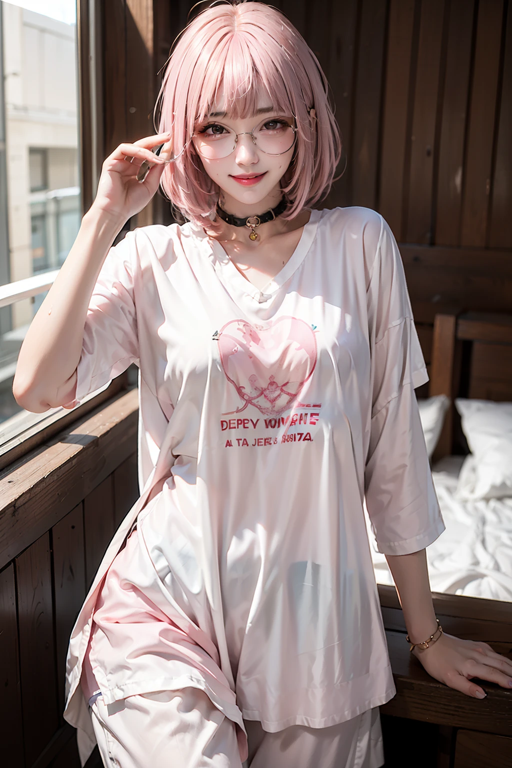 1Women, early 20s, (medium pink hair with bangs:1.4), golden eyes, happy, (satisfied smile:1.3), jewellery, big breast, (body writing, tattoos:1.3), (Sweaty:1.1), wet, shiny skin, bottomless, dog collar, white shirt, round glasses. bf_shirt_nopants. Boyfriend shirt.