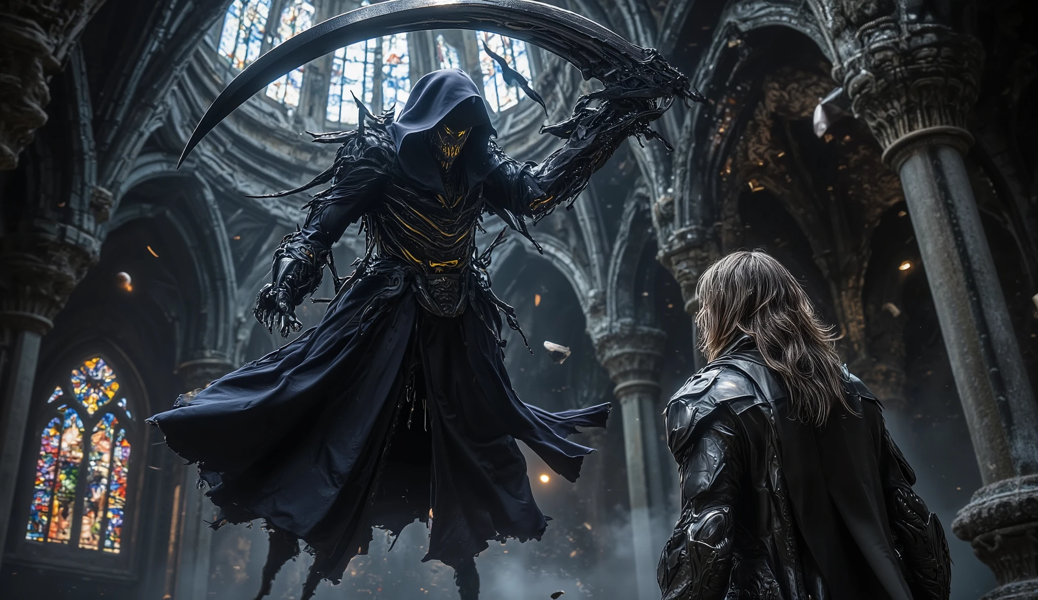 (grim reaper, floating high in the air:1, flowing robes, he holds a large sickle., environment is the inside of a gothic castle with colored stained glass windows), (a man in leather armor stands below looking up at the grim reaper, medium length hair, standing in combat stance)