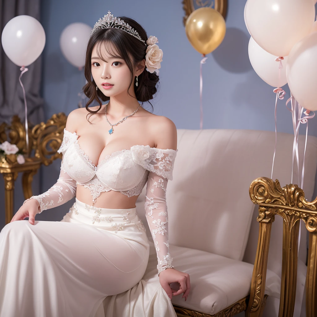 (table top、highest quality、8K、very detailed and intricate details、The most complex and detailed textures、ultra high resolution)、(A very beautiful girl in the most extravagant and finest wedding dress:1.1)、(Big breasts that are about to burst:1.1)、(bride&#39;upper body photo:1.1)、perfect gas chamber、the best smile when you look at me、beautiful eyeshadow、Bright lipstick、long eyelashes、perfect makeup、Beautiful lips with luster、(highest qualityの巨大なティアラ:1.1)、(highest qualityの巨大なネックレス:1.1)、(the most luxurious and exclusive:1.1)、(The background is China&#39;s most gorgeous and high-end prostitution bedroom.:1.2)、detailed background、(The most luxurious and finest empress bedroom in Chinese architecture:1.2)、(The most luxurious and luxurious empress&#39;s bedroom:1.2)