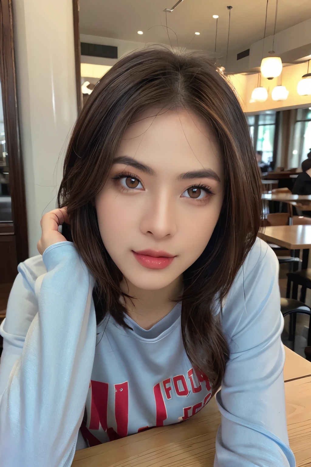 ((Masterpiece, high quality, super detailed)), 1 girl, brown hair, ombre hair, Perfect face, ((lying silkworm eyes)), shinny skin, (realistic, photo-realistic:1.3), long sleeve t-shirt, in modern cafe, look at the camera, random poses