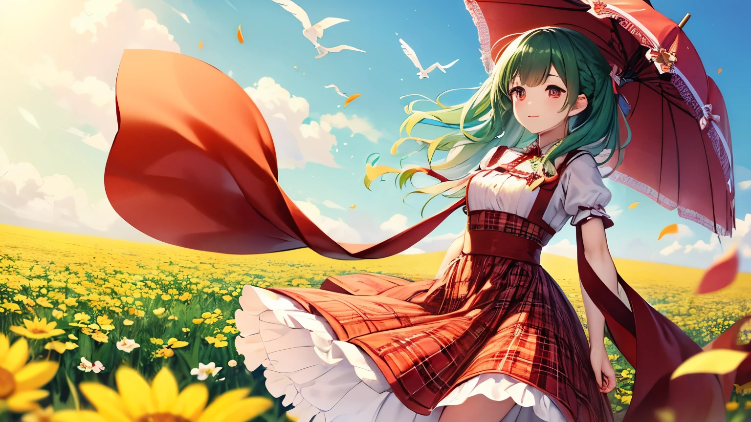green wavy bob hair 、 red eyes、 red checked dress and white shirt 、 white socks、Red Shoes、 A girl with a frilly white umbrella with a yellow ribbon on her chest is dancing in a field of flowers。The wind is blowing and the weather is nice 。