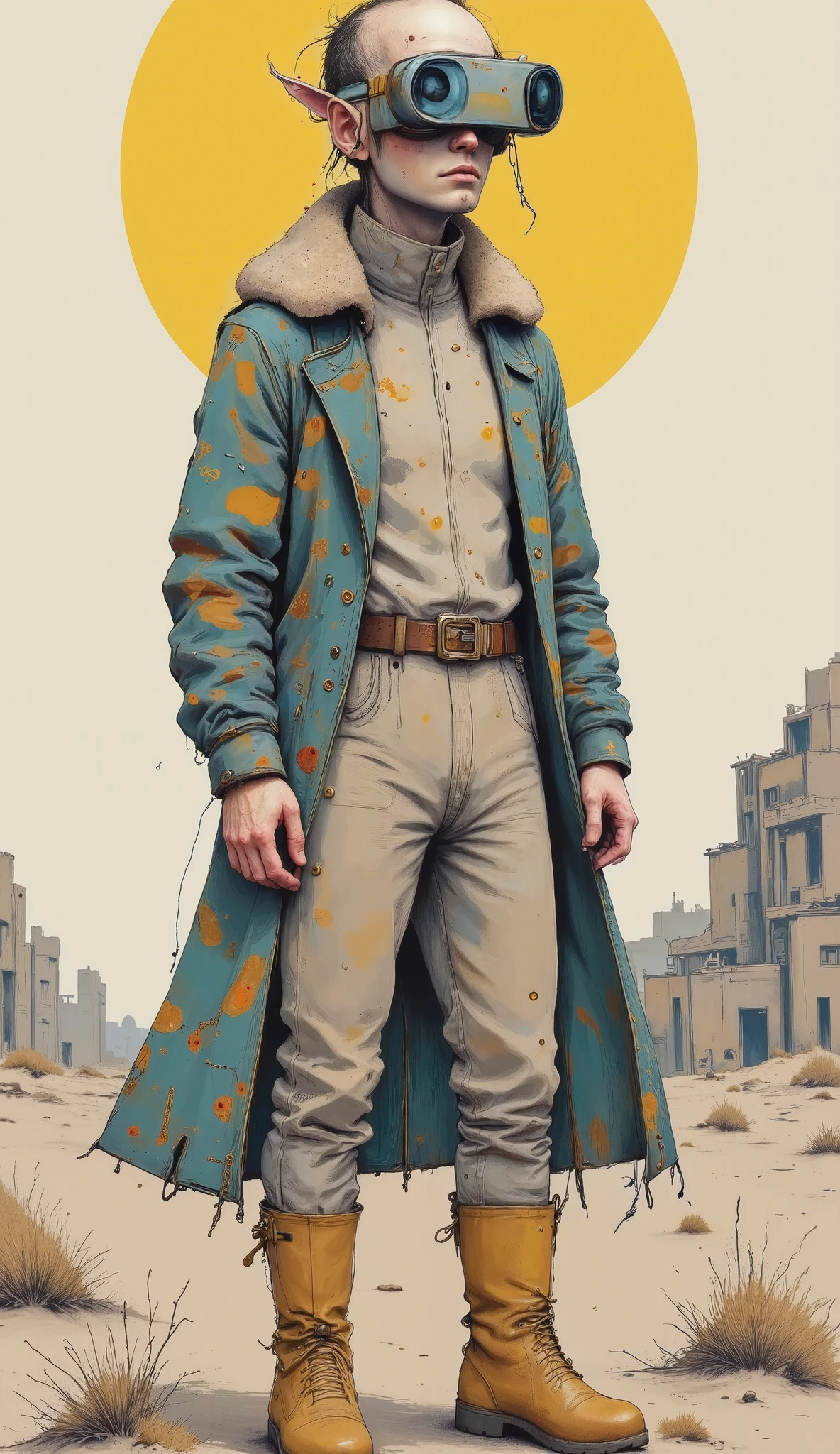 Anatomically correct , full body general plan , There, A lethal cyborg bounty hunter wearing a long cowboy coat, Blue eyes,danger, science fiction , the best quality , masterpiece , full body image , ( ultra Detailed , ultra high resolution ,detailed background),((2d)),(( flat color )),((dull color)), 1SOLO, looking at the spectator , action pose, baggy flight suit, bomber jacket with a large sheep's collar , ( large yellow galoshes ), Plush necklace, full body image , wearing virtual reality glasses , (( Baron's Intricate Desert Background )), ((apocalyptic city)), full body in the frame , ((Drone by Your Side ))