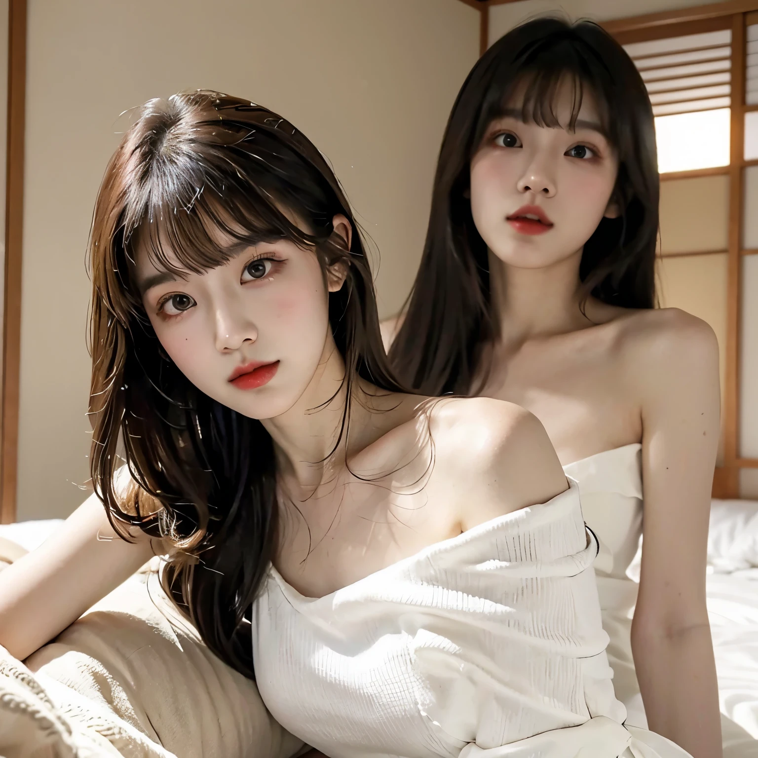 8K, Best Quality, masutepiece:1.2), (Photorealistic:1.4), Raw photo, Best Quality, 超A high resolution Beautuful Women Beautiful butt gigantic cleavage breasts tthin eyebrows on the beds (Huge breasts:1.2) silber hair silver blond honey blonde Brightly colored clothes that show off your body line off-shoulder knit japanes A sexy 2 limbs Close both eyes Open your legs see-through mini skirts See-through shorts Sleeping on your side Sleeping face down Sleeping on your back Number of people is 1 Angle of view from which the buttocks can be seen Backshots Single Picture