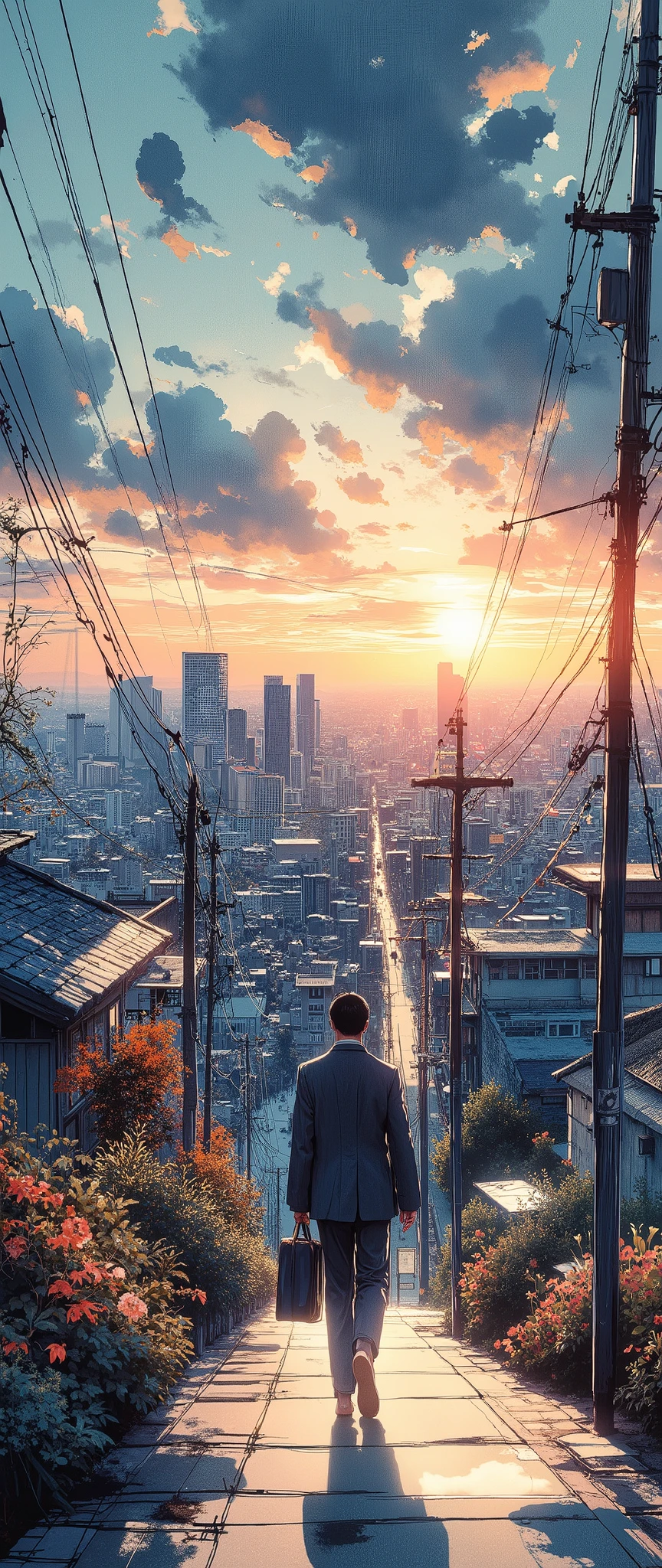 (Masterpiece:1.2,  EXCEPTIONAL QUALITY  ,Mirror Finish  , Cinematic experience  ,  Best Illustration  ),  Ultra-Fine ,  highly detailed ,8k,16k, wallpaper,Back view of an office worker walking on the sidewalk,View of the city from a small hill, nostalgic,( anime artwork :1.6),Japanese style landscape,Sunset,Calm,Cityscape, relaxing clouds ,優しいSunset, angle from above
