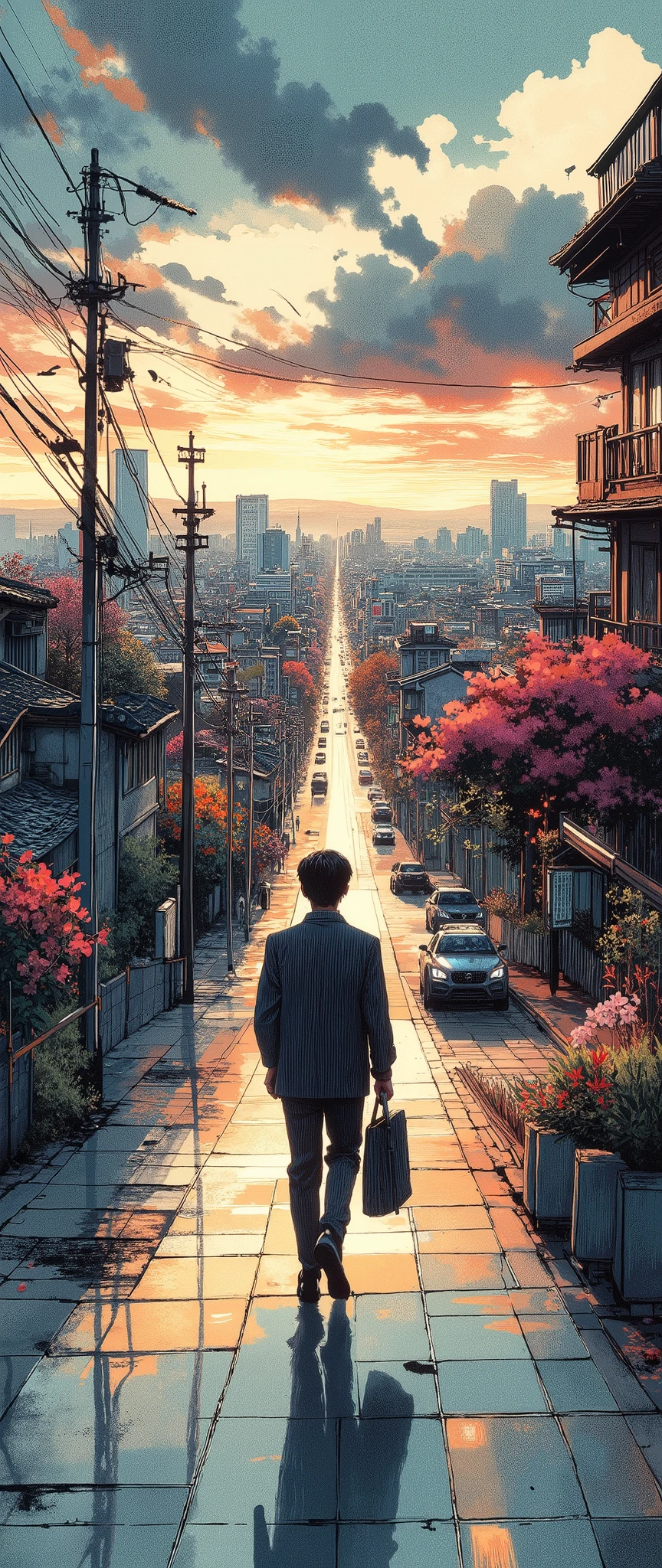 (Masterpiece:1.2, EXCEPTIONAL QUALITY ,Mirror Finish , Cinematic experience , Best Illustration ), Ultra-Fine , highly detailed ,8k,16k, wallpaper,Back view of an office worker walking on the sidewalk,View of the city from a small hill, nostalgic,( anime artwork :1.6),Japanese style landscape,Sunset,Calm,Cityscape, relaxing clouds ,優しいSunset, angle from above