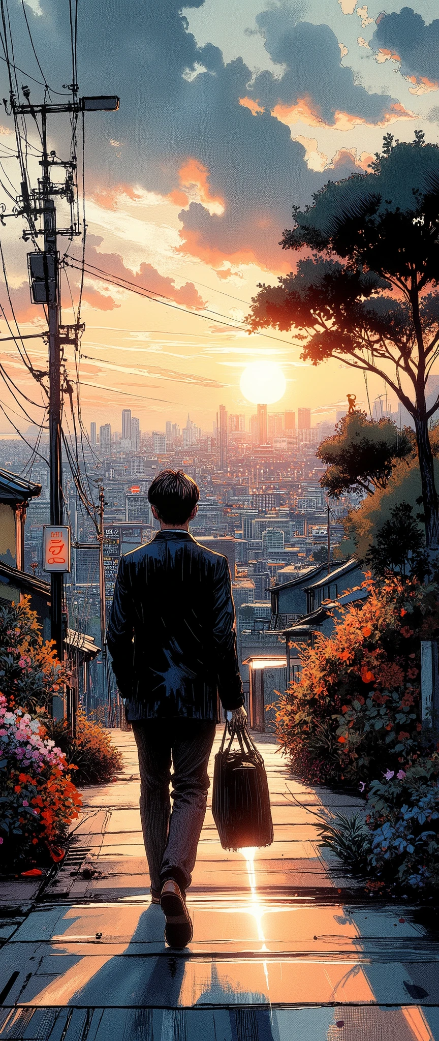 (Masterpiece:1.2, EXCEPTIONAL QUALITY ,Mirror Finish , Cinematic experience , Best Illustration ), Ultra-Fine , highly detailed ,8k,16k, wallpaper,Back view of an office worker walking on the sidewalk,View of the city from a small hill, nostalgic,(Ink Sketch:1.6),Japanese style landscape,Sunset,Calm,Cityscape, relaxing clouds ,優しいSunset, angle from above