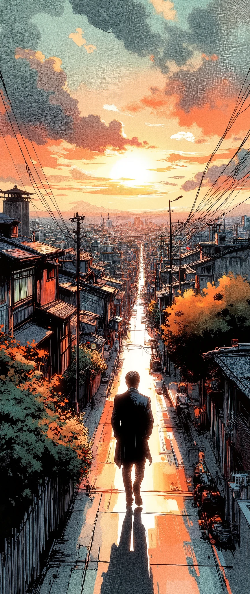 (Masterpiece:1.2, EXCEPTIONAL QUALITY ,Mirror Finish , Cinematic experience , Best Illustration ), Ultra-Fine , highly detailed ,8k,16k, wallpaper,Back view of an office worker walking on the sidewalk,View of the city from a small hill, nostalgic,(Ink Sketch:1.6),Japanese style landscape,Sunset,Calm,Cityscape, relaxing clouds ,優しいSunset, angle from above