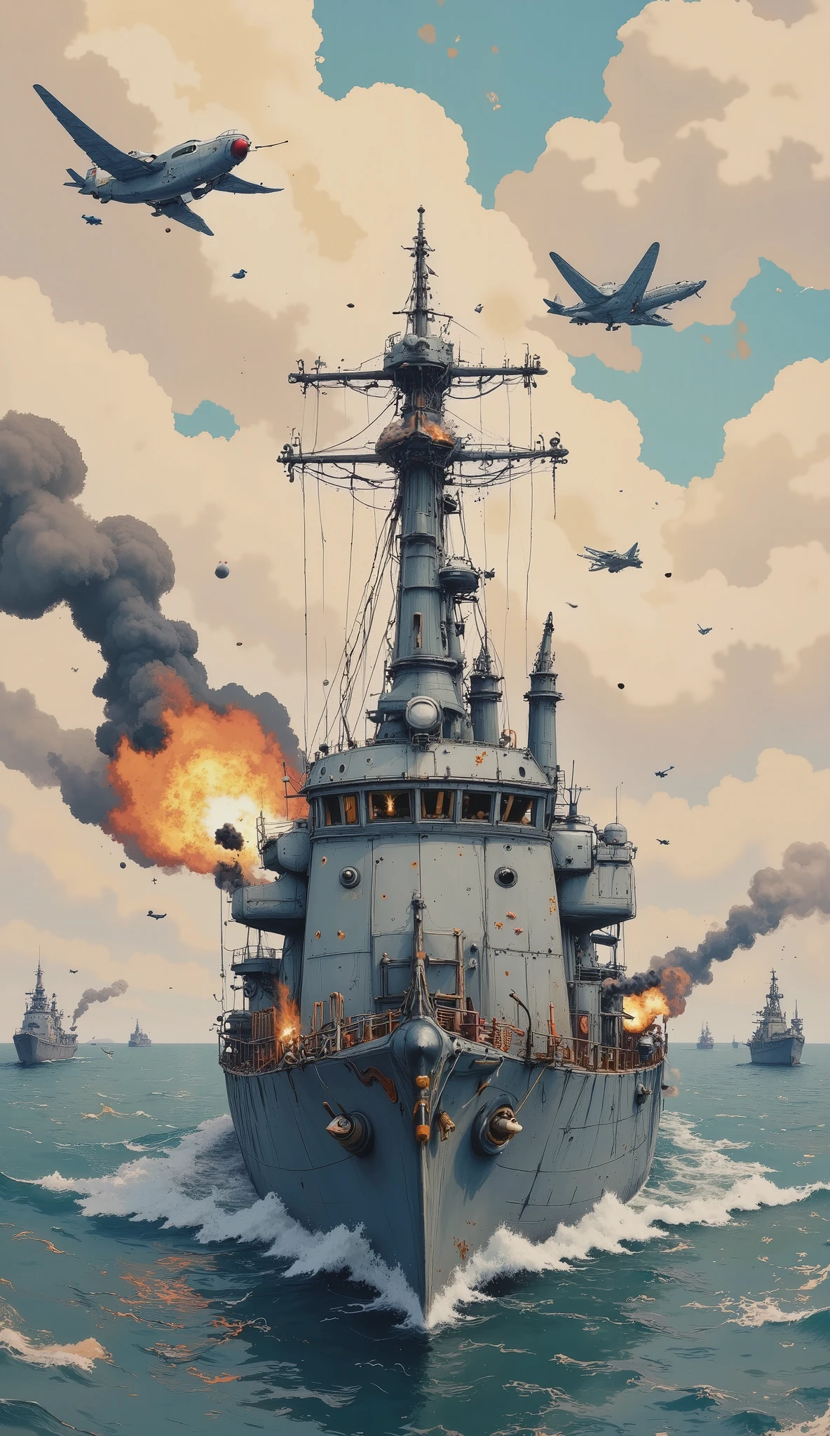 a grand general plan, distant camera, warship in the middle of the ocean, intense bombardment, planes flying and firing missiles, waves of water movement from the bombardment, fire, destruction, (best quality,4k,8k,highres,masterpiece:1.2),ultra-detailed,(realistic,photorealistic,photo-realistic:1.37),dramatic lighting,cinematic shot,epic scale,stunning scenery,highly detailed and realistic,dramatic atmosphere,HDR,UHD,vivid colors,stunning visuals,dynamic composition,military,war,action,battle,ocean,seascape,warplane,aircraft carrier,explosion,chaos,smoke,fire,water,waves
