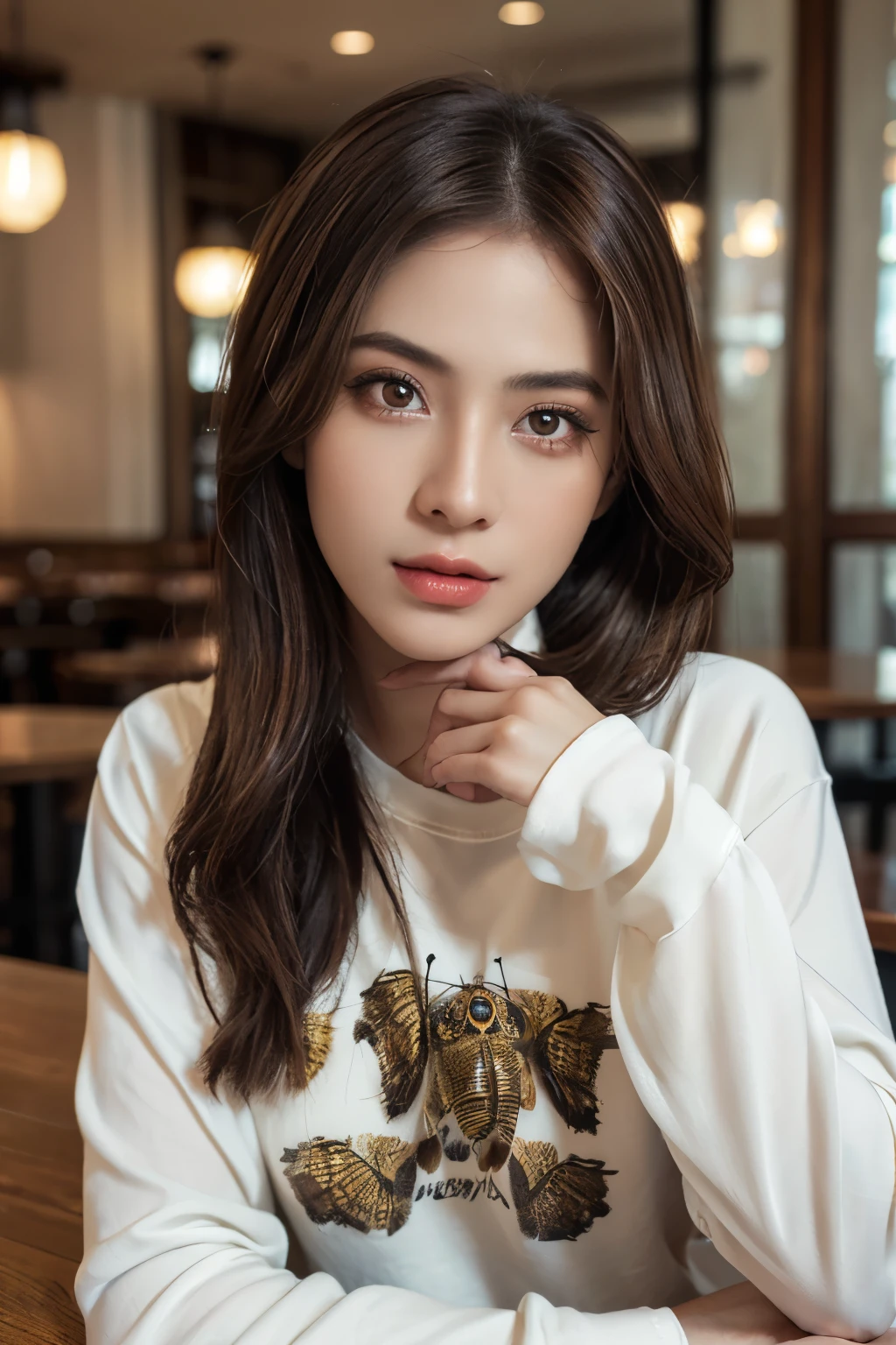 ((Masterpiece, high quality, super detailed)), 1 girl, brown hair, ombre hair, Perfect face, ((lying silkworm eyes)), shinny skin, (realistic, photo-realistic:1.3), long sleeve t-shirt, in modern cafe, look at the camera, random poses