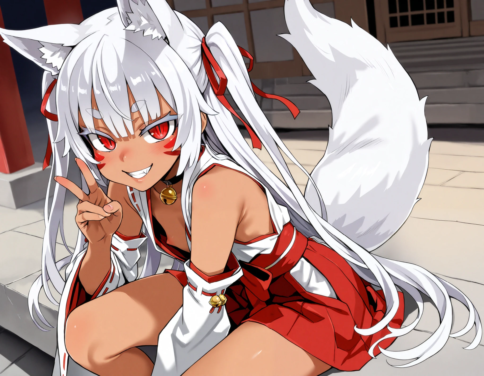 masterpiece, best quality, kitsune 1girl, solo, beautiful kitsune woman, fox ears, bangs, white hair, very long hair, red eyes, smug, small breasts, black choker, shoulderless kimono, white kimono, long kimono, long kimono sleeves, on it, red sash, 5 white fox tails, white hair, looking at viewer, body in full view.