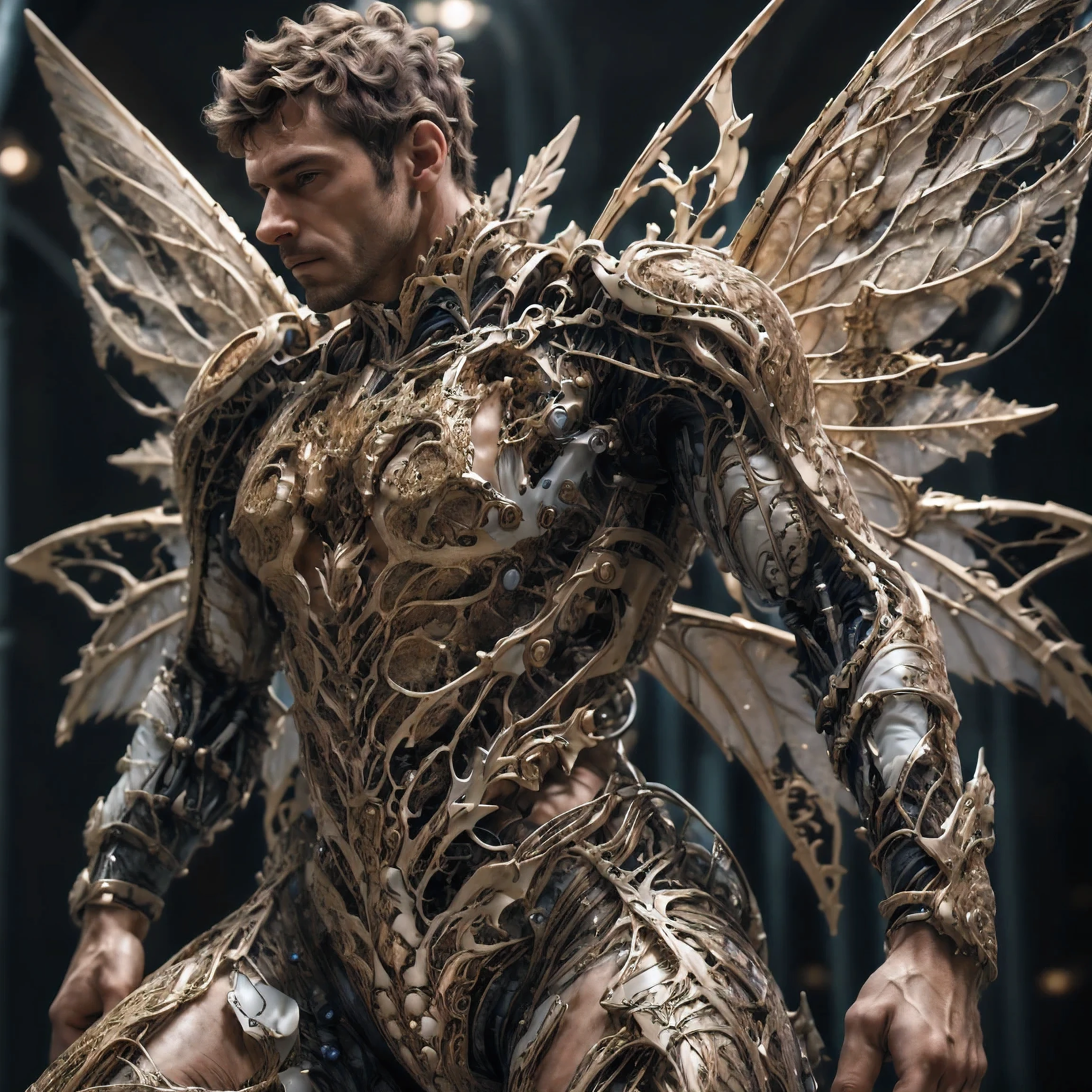 realistic, masterpiece, intricate details, detailed background, depth of field, photo of a handsome (european man), fr4ctal4rmor, wearing fractal collared shirt, (dynamic pose), ((fighting stance)), wings, fantasy background, cinematic composition, sharp focus, close up,