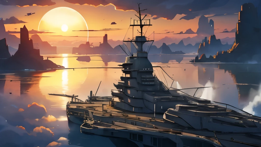 (( Soratrobo's Worldview )),(Sky Island),sea of clouds, Graveyard of Air Battleships ,sunset, Iron Rust Is Decaying,(Floating in the air),wreckage,Slam Style ,A beautiful woman soaked in water