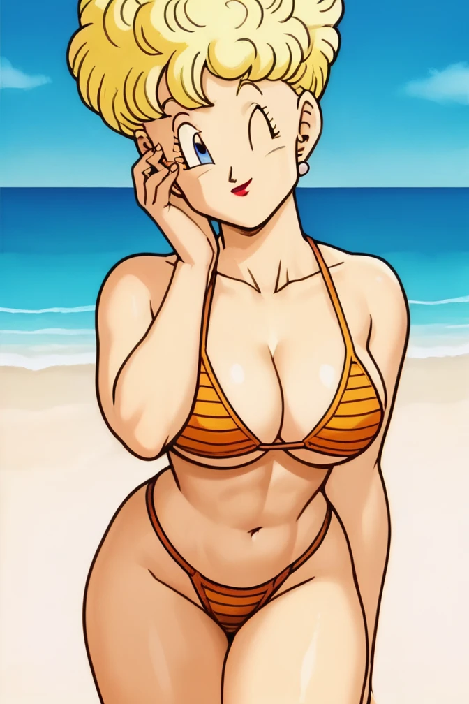 Android 18, DragonBall, 1girl, solo, looking at viewer, short hair, blue eyes, blonde hair, nude, blue bikini, big breast, big ass, nipples, capsule corp,