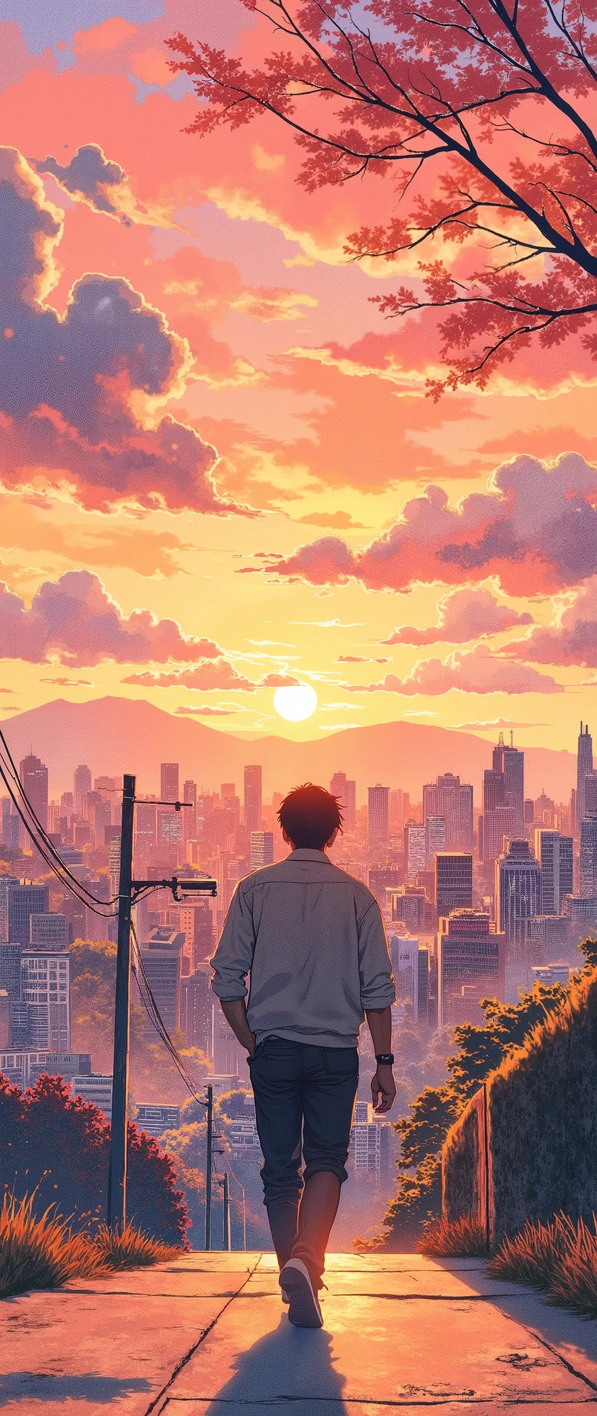 (Masterpiece:1.2,  EXCEPTIONAL QUALITY  ,Mirror Finish  , Cinematic experience  ,  Best Illustration  ),  Ultra-Fine ,  highly detailed ,8k,16k, wallpaper,Back view of an office worker walking on the sidewalk,View of the city from a small hill, nostalgic,( watercolor:1.6),Japanese style landscape,Sunset,Calm,Cityscape, relaxing clouds ,優しいSunset, angle from above