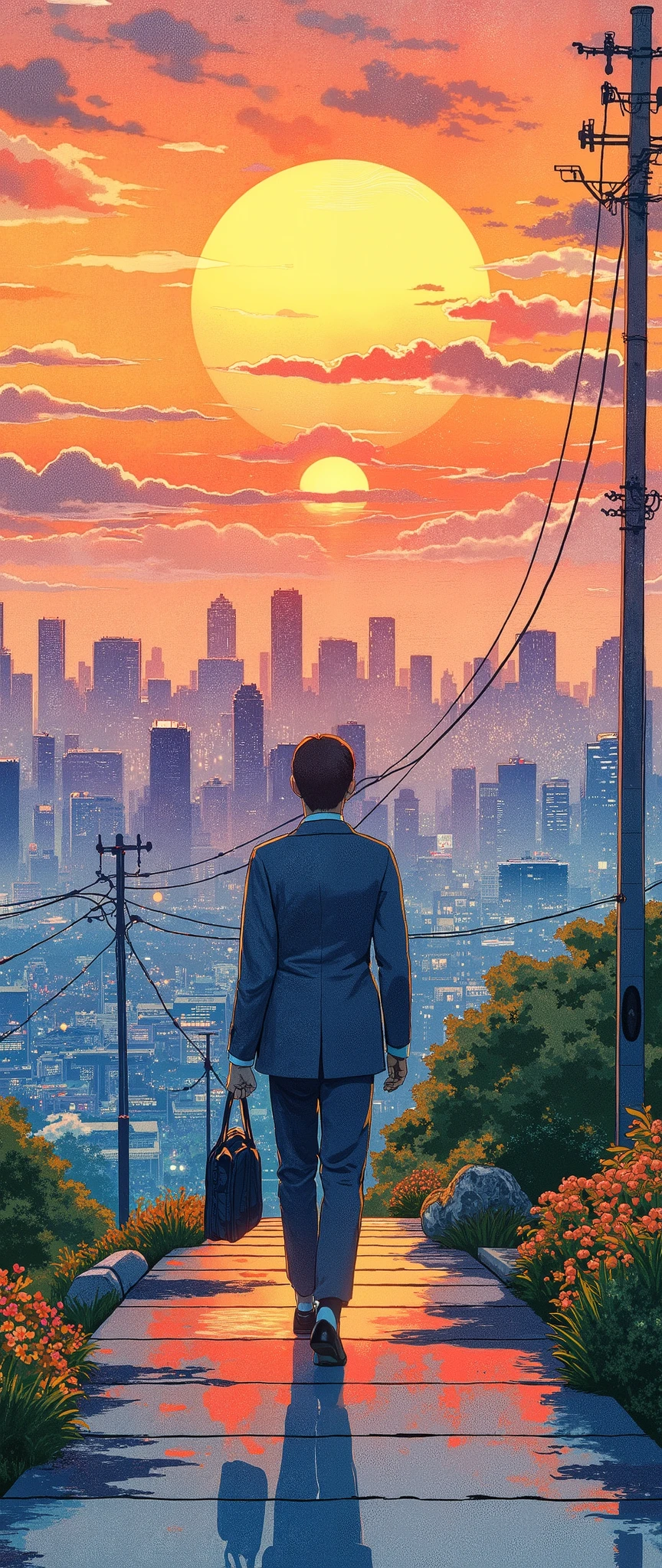 (Masterpiece:1.2,  EXCEPTIONAL QUALITY  ,Mirror Finish  , Cinematic experience  ,  Best Illustration  ),  Ultra-Fine ,  highly detailed ,8k,16k, wallpaper,Back view of an office worker walking on the sidewalk,View of the city from a small hill, nostalgic,( watercolor:1.6),Japanese style landscape,Sunset,Calm,Cityscape, relaxing clouds ,優しいSunset, angle from above