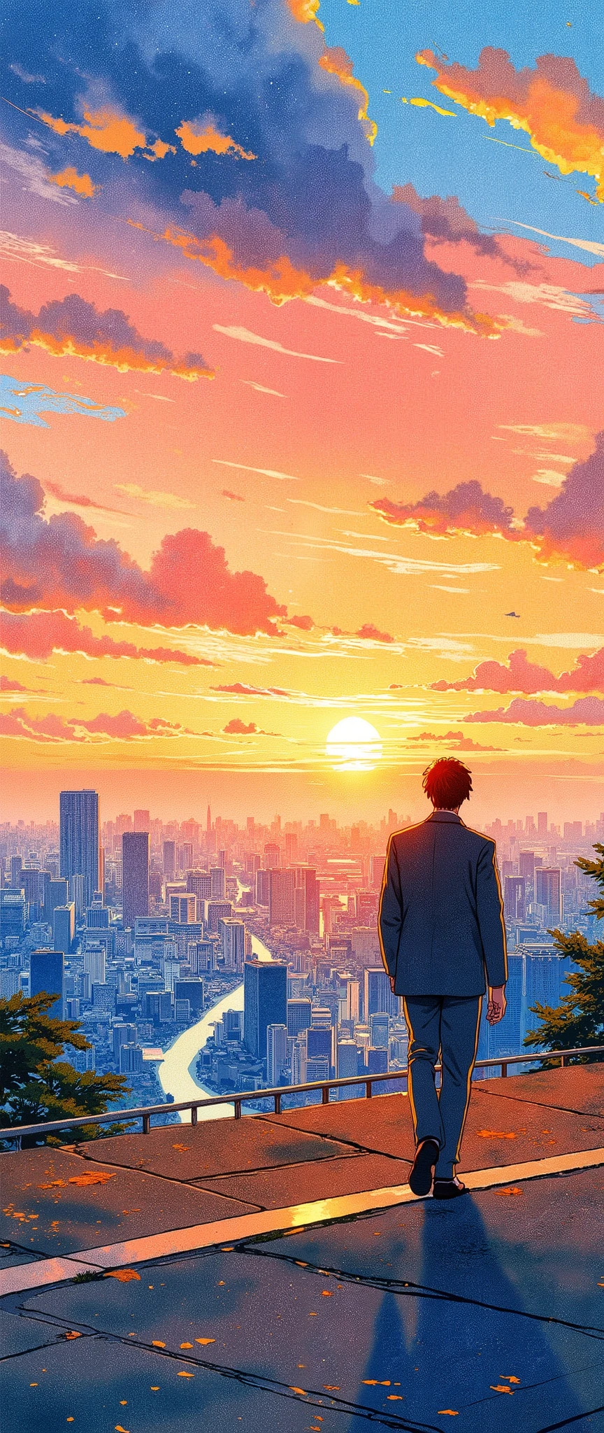 (Masterpiece:1.2, EXCEPTIONAL QUALITY ,Mirror Finish , Cinematic experience , Best Illustration ), Ultra-Fine , highly detailed ,8k,16k, wallpaper,Back view of an office worker walking on the sidewalk,View of the city from a small hill, nostalgic,( watercolor:1.6),Japanese style landscape,Sunset,Calm,Cityscape, relaxing clouds ,優しいSunset, angle from above