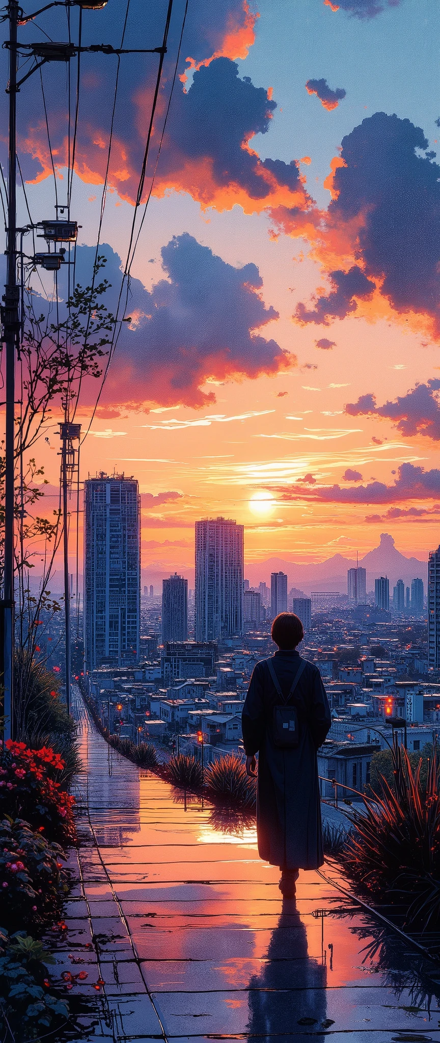 (Masterpiece:1.2, EXCEPTIONAL QUALITY ,Mirror Finish , Cinematic experience , Best Illustration ), Ultra-Fine , highly detailed ,8k,16k, wallpaper,Back view of an office worker walking on the sidewalk,View of the city from a small hill, nostalgic,(Ink Sketch:2.0),Japanese style landscape,Sunset,Calm,Cityscape, relaxing clouds ,優しいSunset, angle from above