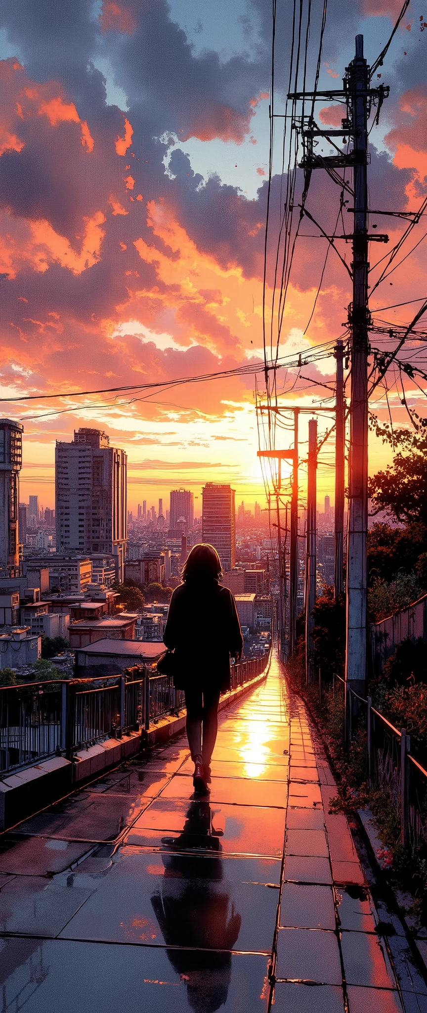 (Masterpiece:1.2, EXCEPTIONAL QUALITY ,Mirror Finish , Cinematic experience , Best Illustration ), Ultra-Fine , highly detailed ,8k,16k, wallpaper,Back view of an office worker walking on the sidewalk,View of the city from a small hill, nostalgic,(Ink Sketch:2.0),Japanese style landscape,Sunset,Calm,Cityscape, relaxing clouds ,優しいSunset, angle from above