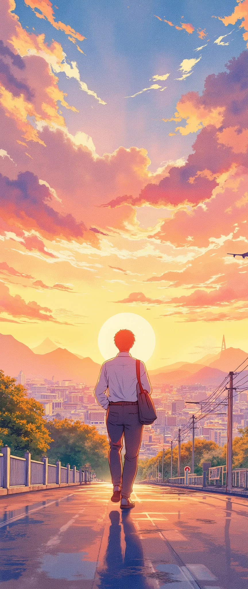 (Masterpiece:1.2, EXCEPTIONAL QUALITY ,Mirror Finish , Cinematic experience , Best Illustration ), Ultra-Fine , highly detailed ,8k,16k, wallpaper,Back view of an office worker walking on the sidewalk,View of the city from a small hill, nostalgic,( watercolor:2.0),Japanese style landscape,Sunset,Calm,Cityscape, relaxing clouds ,優しいSunset, angle from above, beautiful gradation,Bleeding,Rubbing