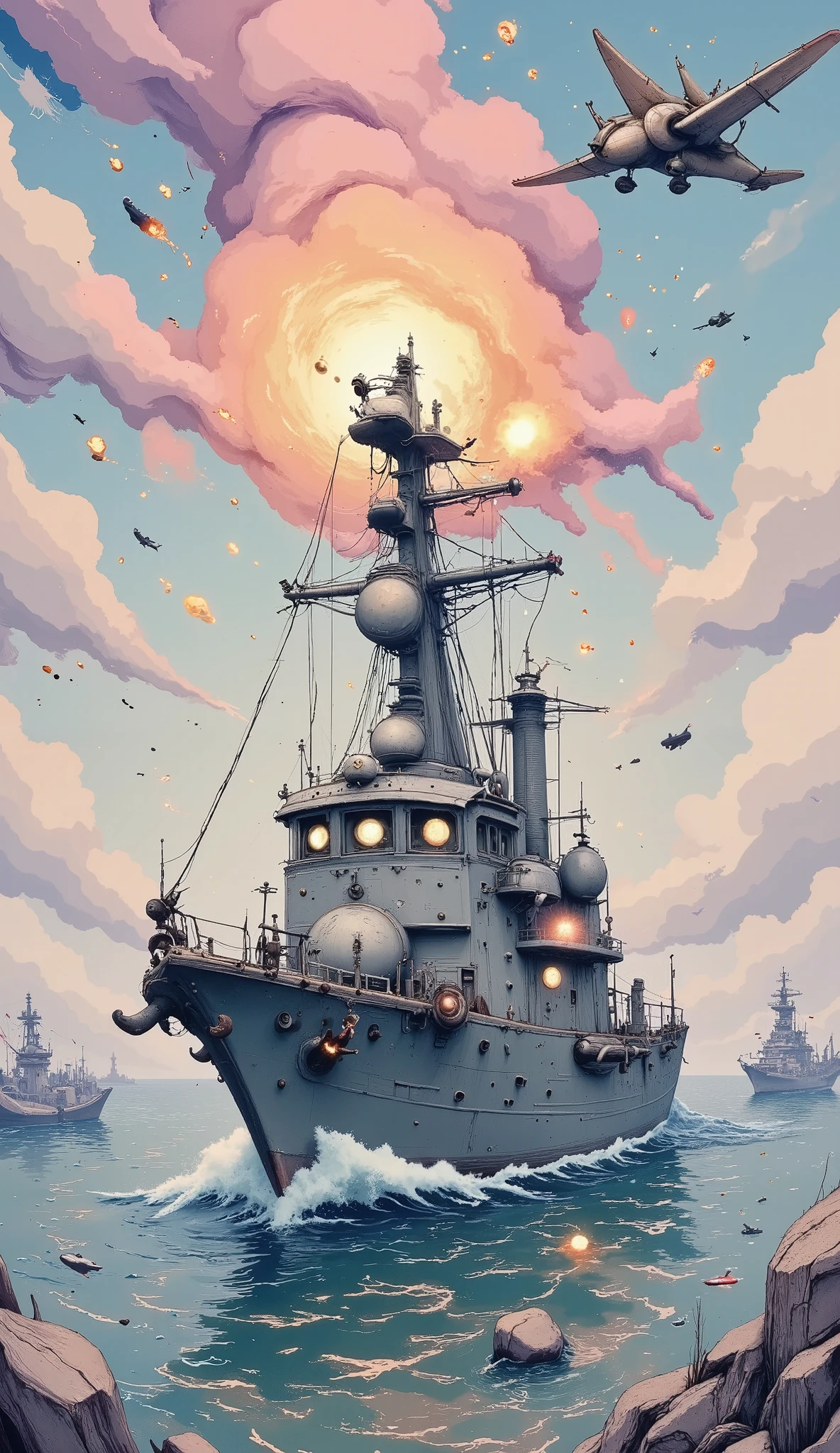 a grand general plan, distant camera, warship in the middle of the ocean, intense bombardment, planes flying and firing missiles, waves of water movement from the bombardment, fire, destruction, (best quality,4k,8k,highres,masterpiece:1.2),ultra-detailed,(realistic,photorealistic,photo-realistic:1.37),dramatic lighting,cinematic shot,epic scale,stunning scenery,highly detailed and realistic,dramatic atmosphere,HDR,UHD,vivid colors,stunning visuals,dynamic composition,military,war,action,battle,ocean,seascape,warplane,aircraft carrier,explosion,chaos,smoke,fire,water,waves