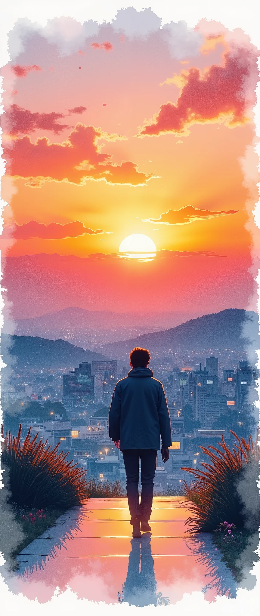 (Masterpiece:1.2,  EXCEPTIONAL QUALITY  ,Mirror Finish  , Cinematic experience  ,  Best Illustration  ),  Ultra-Fine ,  highly detailed ,8k,16k, wallpaper,Back view of an office worker walking on the sidewalk,View of the city from a small hill, nostalgic,( watercolor:2.0),Japanese style landscape,Sunset,Calm,Cityscape, relaxing clouds ,優しいSunset, angle from above, beautiful gradation,Bleeding,Rubbing 