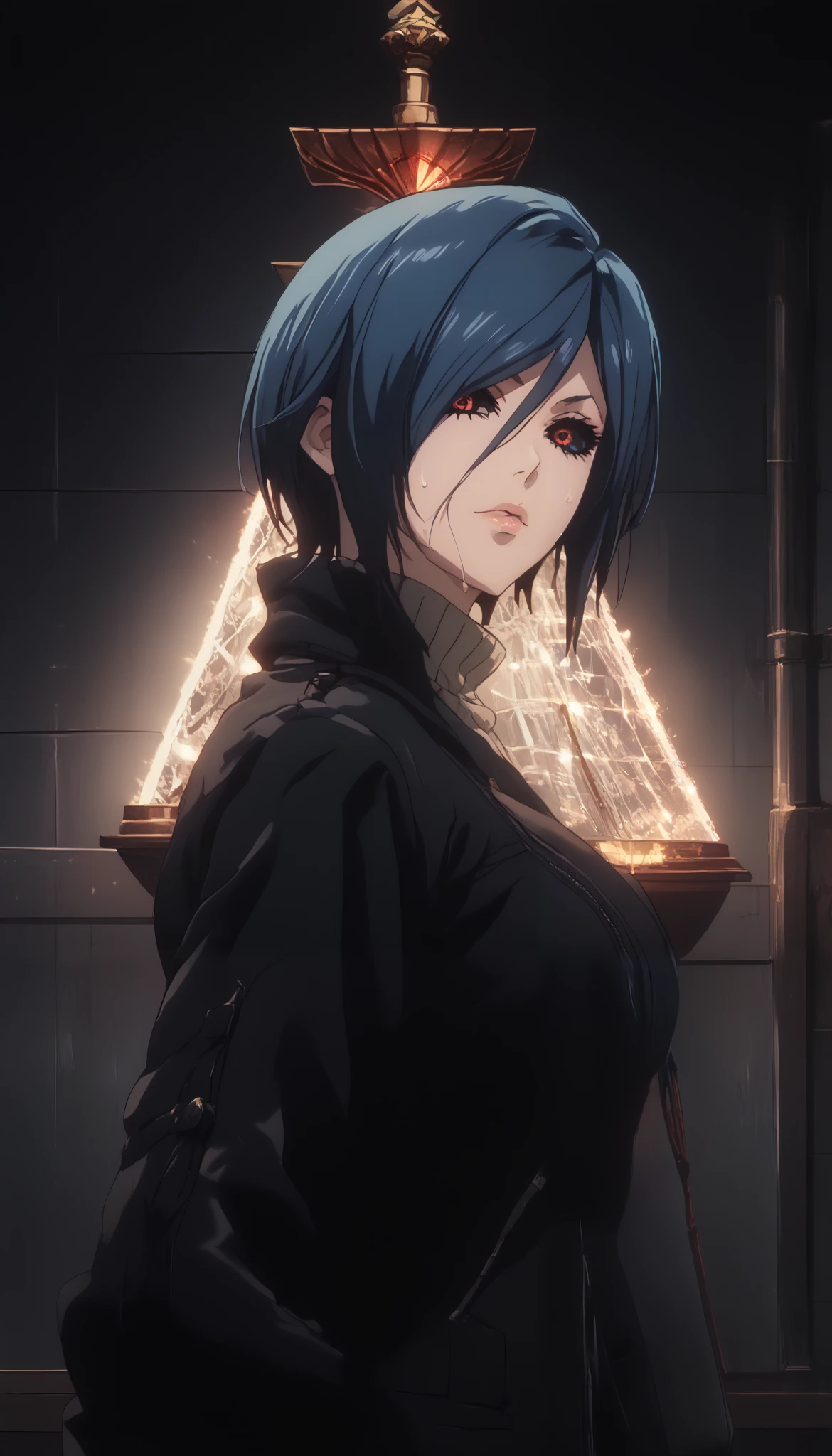 (cutesexyrobutts style:0.8), score_8_up, score_6_up, uncensored, kirishima touka, blue hair, hair over one eye, black sclera, red eyes, bright pupils, anime coloring, anime screencap, shiny skin, (voluptuous:1.3), (thick:1.3), BREAK UHD, retina, masterpiece, accurate, anatomically correct, textured skin, super detail, high details, high quality, award winning, best quality, highres, 4K, black nails, makeup, eyelashes, excessive sweating, sweating, sweating drop, (gasping, heavy breathing:1.3), (skindentation:1.2), perfect eyes, beautiful eyes, eyelashes, makeup, detailed body, perfect body, BREAK, fantasy, 1girl, solo, looking_at_viewer, jacket, sweater, upper_body, sidelocks, breasts, coat, ribbed_sweater, turtleneck,