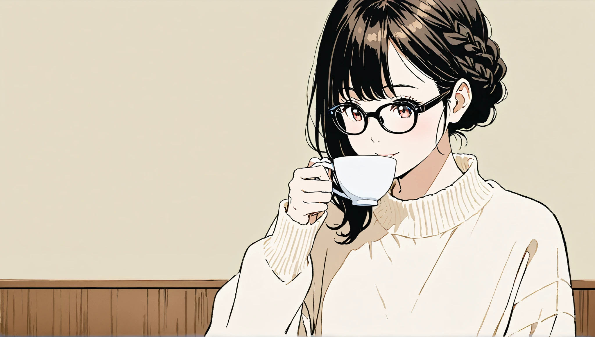 ((Drinking tea in a cup)),( water color )),masterpiece, ((())),Smile、Highest quality, Beautiful attention to detail, Very detailed, In detail, High resolution, Perfect Anatomy, , , girl, (one person:1.5), alone, (Braided hairstyle for black hair),(( Black Eyewear))、 ( wearing a white sweater ), (( Simple Solid Color Background))), Background, (City Pop anime), Kyoto Animation, ,anime,