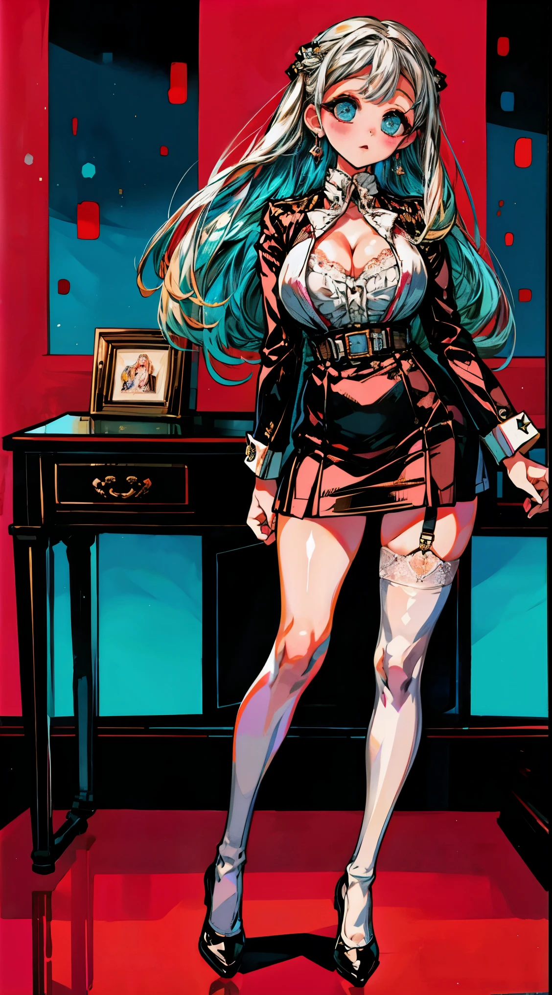 Head to toe, reference-sheet, fullbody, standing up ref-sheet (Masterpiece, Best quality, High quality:1.4),  (Curvy:1.1), Standing up at your desk, Office, (Full body shot:1.1),
Long white hair, blush, Makeup, Ultra Detail Hair, Ultra Detail Face, (Blue eyes:1.05), Perfect eyes, Perfect face, Earrings, (Confused, Blush:1.2), (a garter belt:1.1), pencil skirts, office uniform, high-heels, tall, long sexy legs, (Large breasts:1.1), cleavage, Big ass, Thighs,