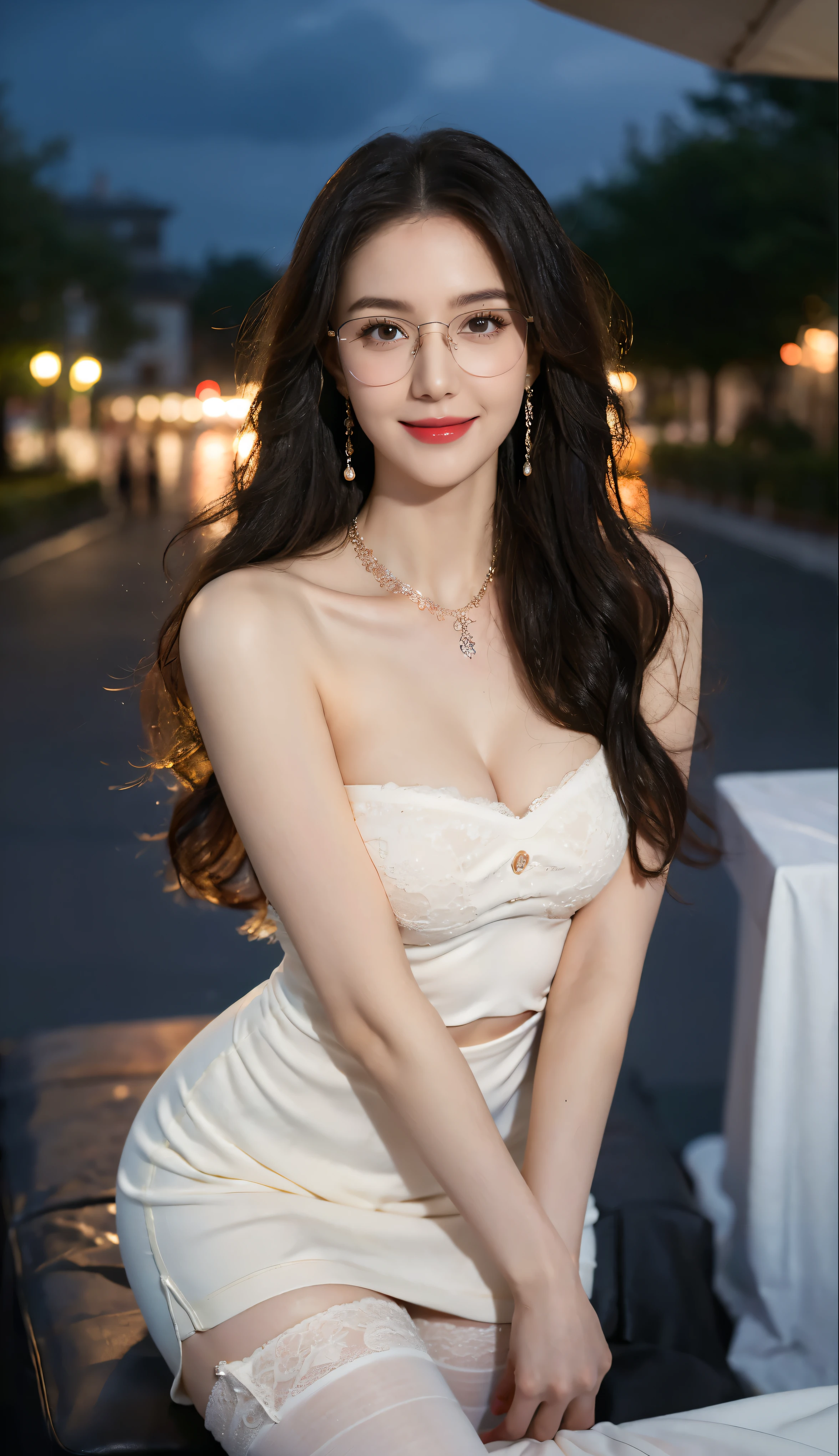 (Canon RF85mm f/1.2), (8K, Original image, Best Quality ), ( masterpiece), (Practical, photograph Practical), (Extreme details, high detail, Best image quality, super detailed , high resolution , Very detailed, Extreme details的描述, very good, Extremely beautiful work ), beautiful and delicate girl , Solo Girl , (( perfect figure )), Very detailed eyes and face, White Skin, Noble and beautiful, (( Delicate Skin Texture , Pores)), perfect anatomy, Slender and beautiful body , Delicate Faces , slim abs , Slim waist), Big Ass, (Big breasts, Breast enlargement ), (cliff arch), (An affectionate gaze at , Soulful eyes, with sparkling eyes), ( Beautiful clear eyes ), (Bounce Curly Messy Long Hair), ( Smile:1.2), (Fascinated expression), ( charming appearance ), ((Cardigan,Hooded wedding dress )), ((Tight Fit)), (( lace stockings )), ((Wearing glasses)), earrings, necklace, ((night)), ((Street View, moonlight)), based on physical rendering , Realistic Lighting , ((( upper body))), (( and watch the audience)), ((permanent)), ((Happy and shy))