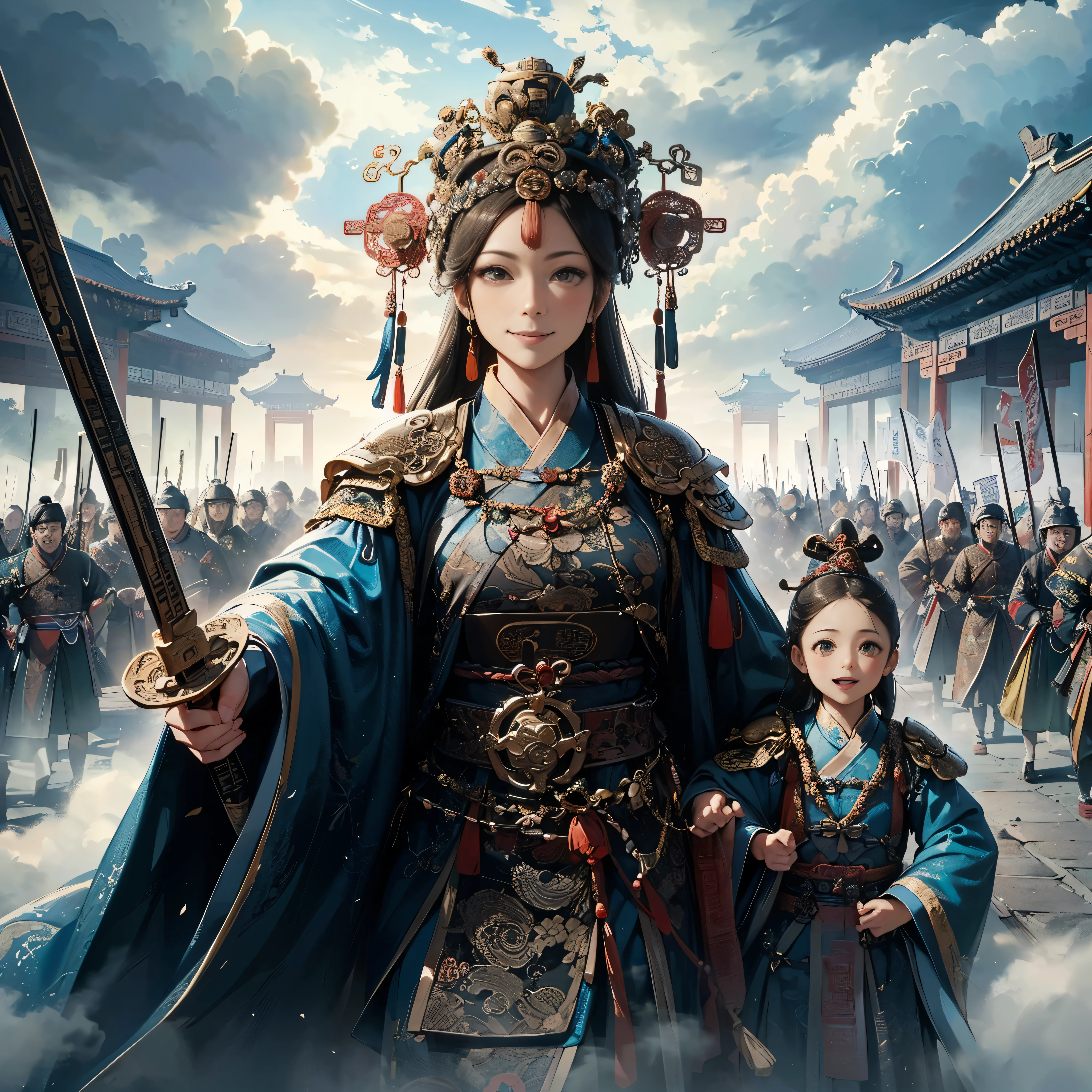 (masutepiece:1.2), (Best Quality:1.2), (high resolution:1.2), (beautiful face and eye:1.2), (sharpest focus:1.2), (Ultra-realistic Photo:1.2), (Ultra-precise Photo:1.2), (Depth of field:1.2), (perfect anatomy:1.2), (nice hands:1.2),
(perfect hands:1.2), (Chinese Song dynasty middle-aged female military chief:1.0), (female military commander leading daughter army with Chinese sword raised wide:1.0), (Fearless smile:1.5), (winning smile:1.5),
(daughter army approaching with a cloud of dust:1.0), (beautiful and magnificent natural land of Song dynasty China:1.5), (incoming clouds rising in the clear blue sky:1.0), (tremendous superlative perspective:1.0),