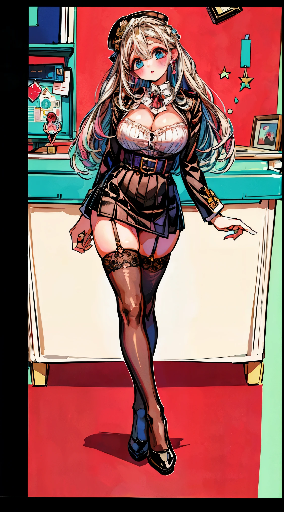 the best, masterpiece, HD, (whole body), Frontal lobe, symmetry, Mature girl, Solitary, (whole body from head to toe), Large Breasts, Long hair, slightly Messy hair, (Black pantyhose), ( (Black pantyhose), Black pantyhose, composition reveal white, slender beautiful leg, A very beautiful 17 year old girl (No shoes) leg), blush, Shy big eyes, Messy hair, looking at camera, reveal white, White Frilly Lingerie,