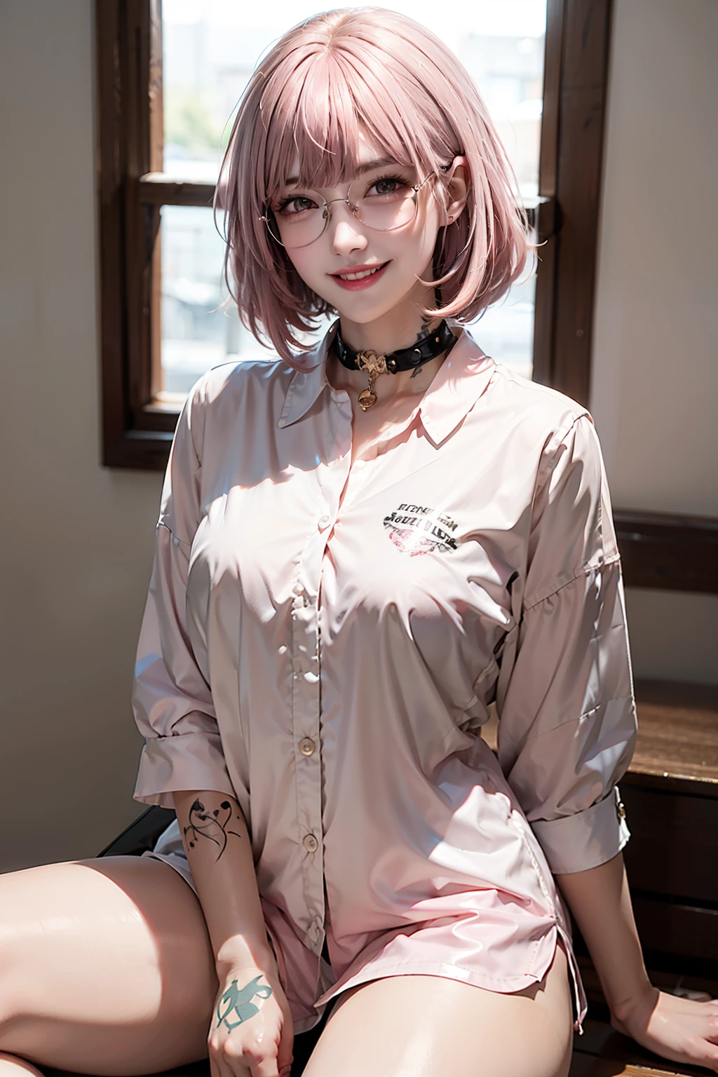 1Women, early 20s, (medium pink hair with bangs:1.4), golden eyes, happy, (satisfied smile:1.3), jewellery, big breast, (body writing, tattoos:1.3), shiny skin, bottomless, dog collar, white shirt, round glasses. bf_shirt_nopants. Boyfriend shirt.