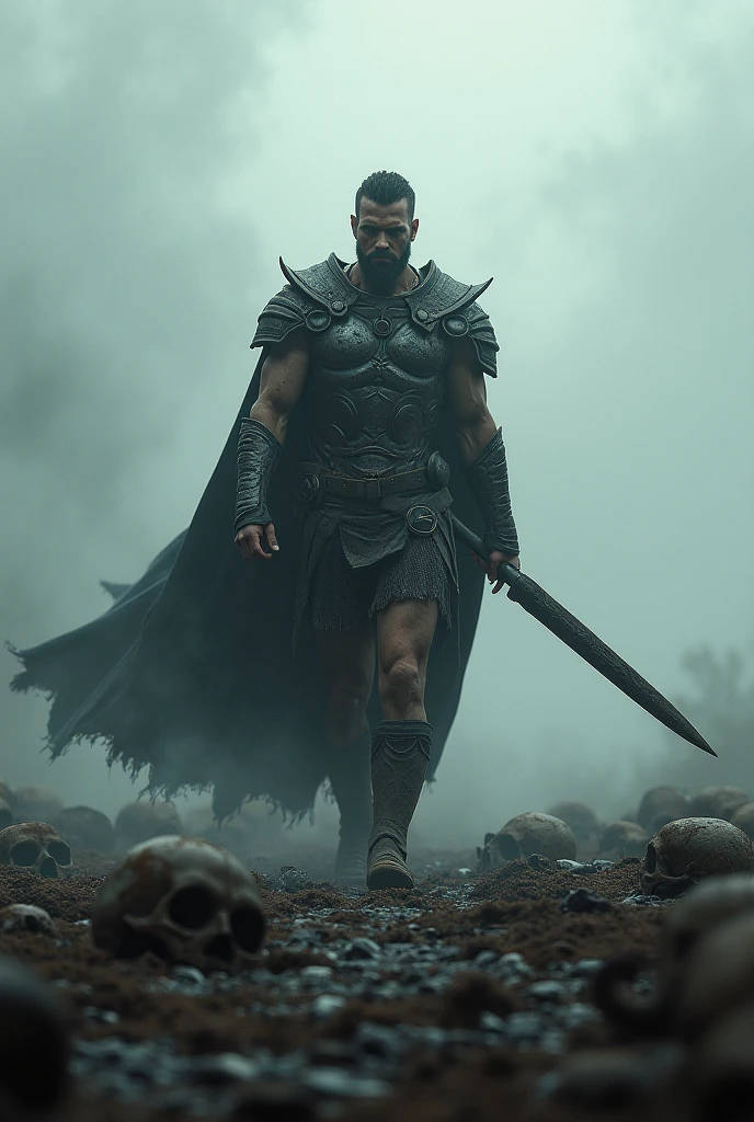 "A lone warrior with a fierce expression, armed with a gleaming sword, stands amidst a devastated battlefield. He is surrounded by debris and remnants of war, with fallen bodies around him. In the background, a stormy sky in shades of gray and red, lit by lightning, creates an atmosphere of chaos and impending destruction. The image should convey a sense of extreme tension and internal conflict, symbolizing both physical and mental struggle. The words 'Holy Wars... The Punishment Due' and 'Megadeth' are subtly yet powerfully integrated with a metallic font to emphasize the intensity and theme of the song."