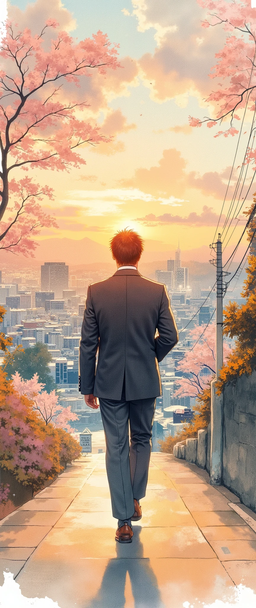 (Masterpiece:1.2, EXCEPTIONAL QUALITY ,Mirror Finish , Cinematic experience , Best Illustration ), Ultra-Fine , highly detailed ,8k,16k,wallpaper,(1 male:2.0),Back view of businessman walking on sidewalk,View of the city from a small hill, nostalgic,( watercolor:2.0),Japanese style landscape,Sunset,Calm,Cityscape, relaxing clouds ,優しいSunset, angle from above, beautiful gradation,Bleeding,Rubbing