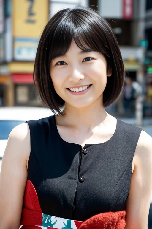 ((A 40-year-old Japanese woman with short black hair)), Her whole body is shown with a smile, (Very small breasts: 0.5), A bewitching married woman, Photographed in Osaka, Japan